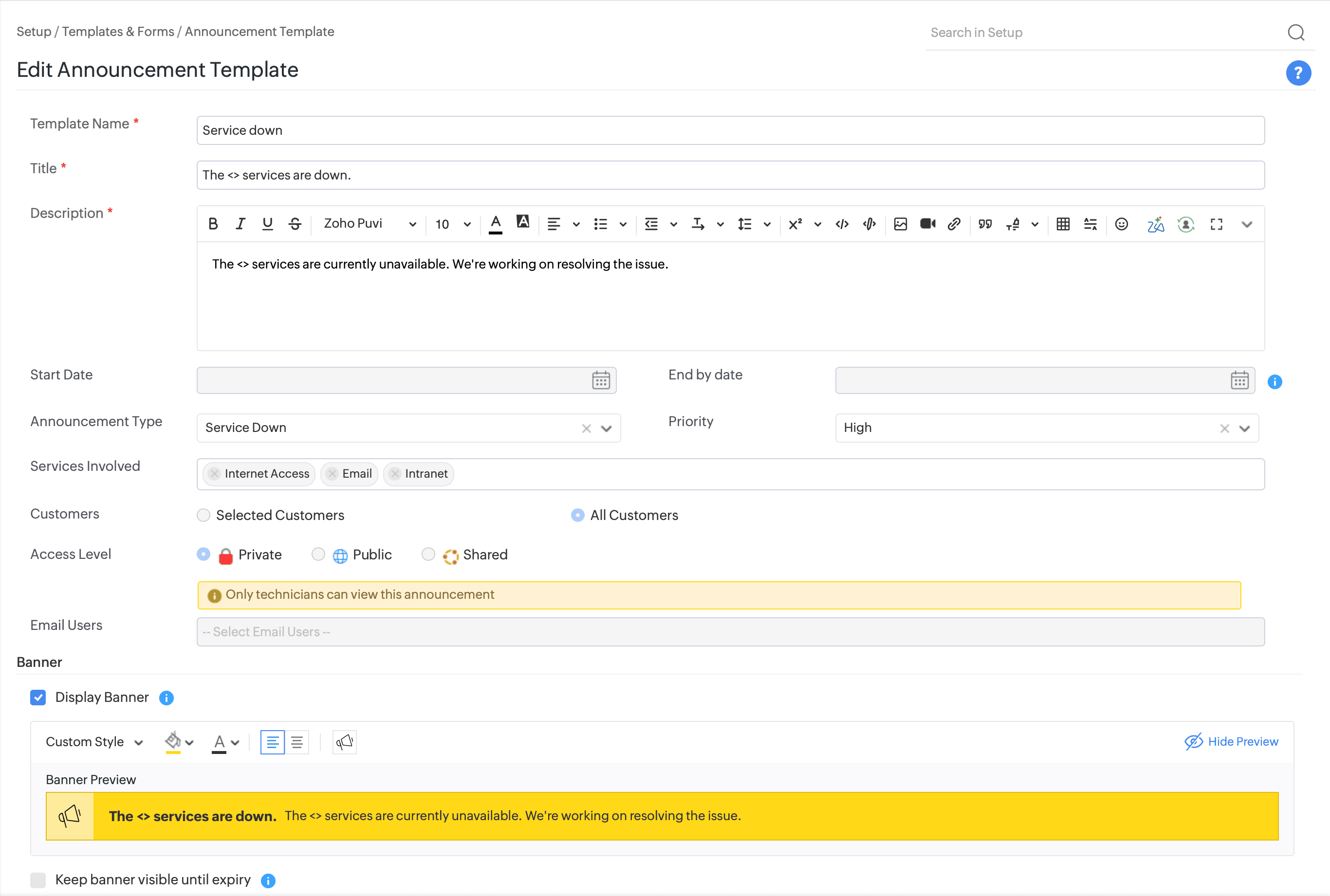 Announcement template configuration