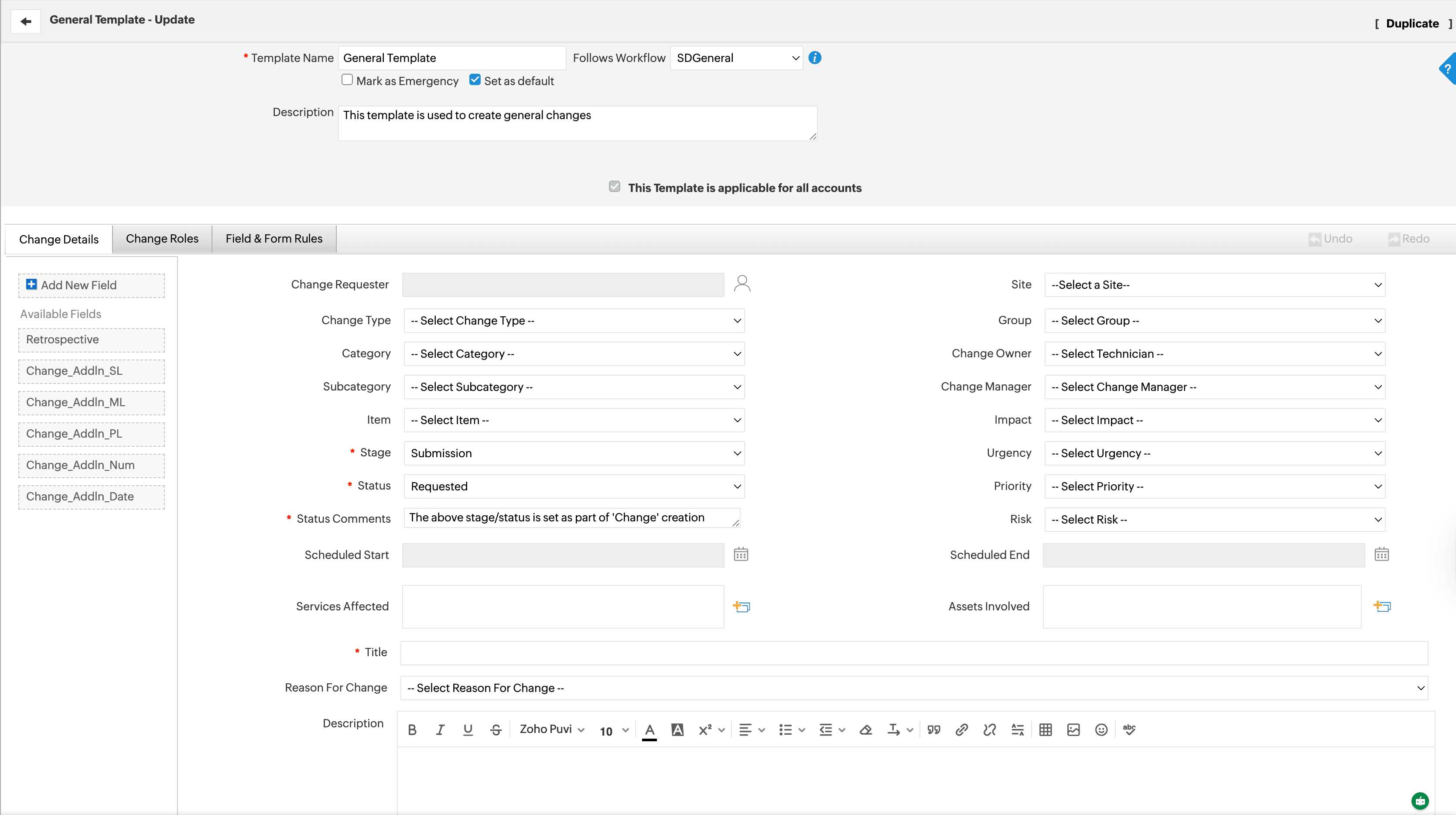 Change template field configuration