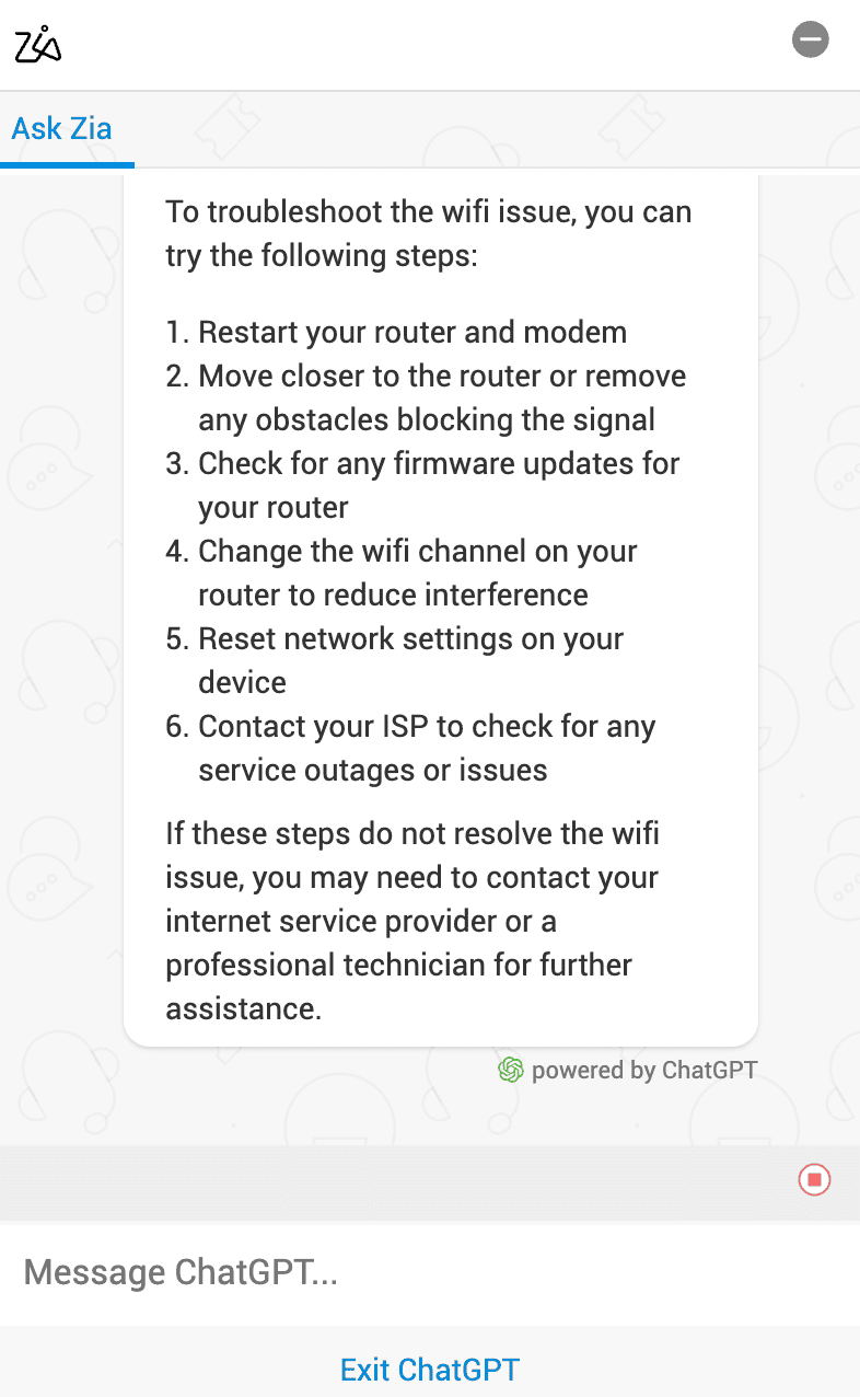 Zia Bot powered by ChatGPT to generate solutions