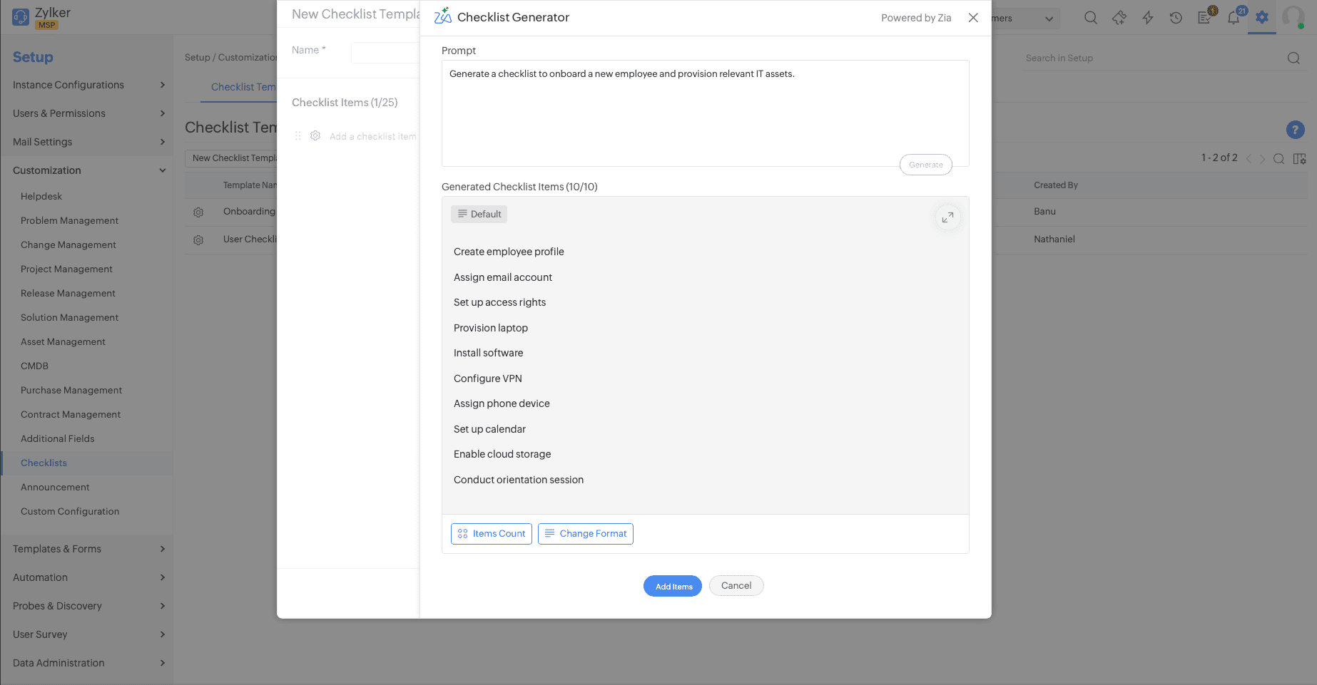 AI checklist creation for automating service request tasks