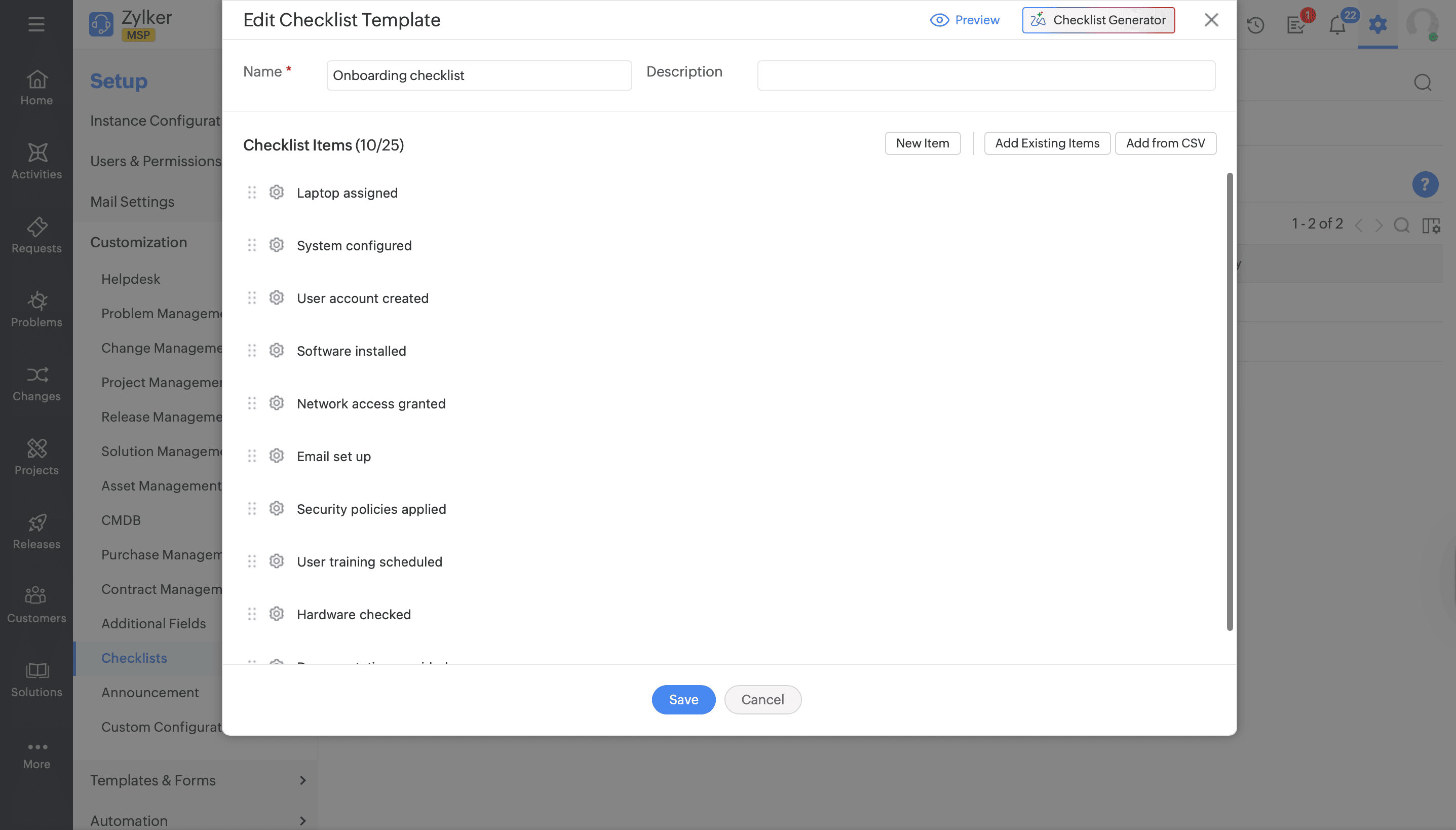 Checklist template configuration