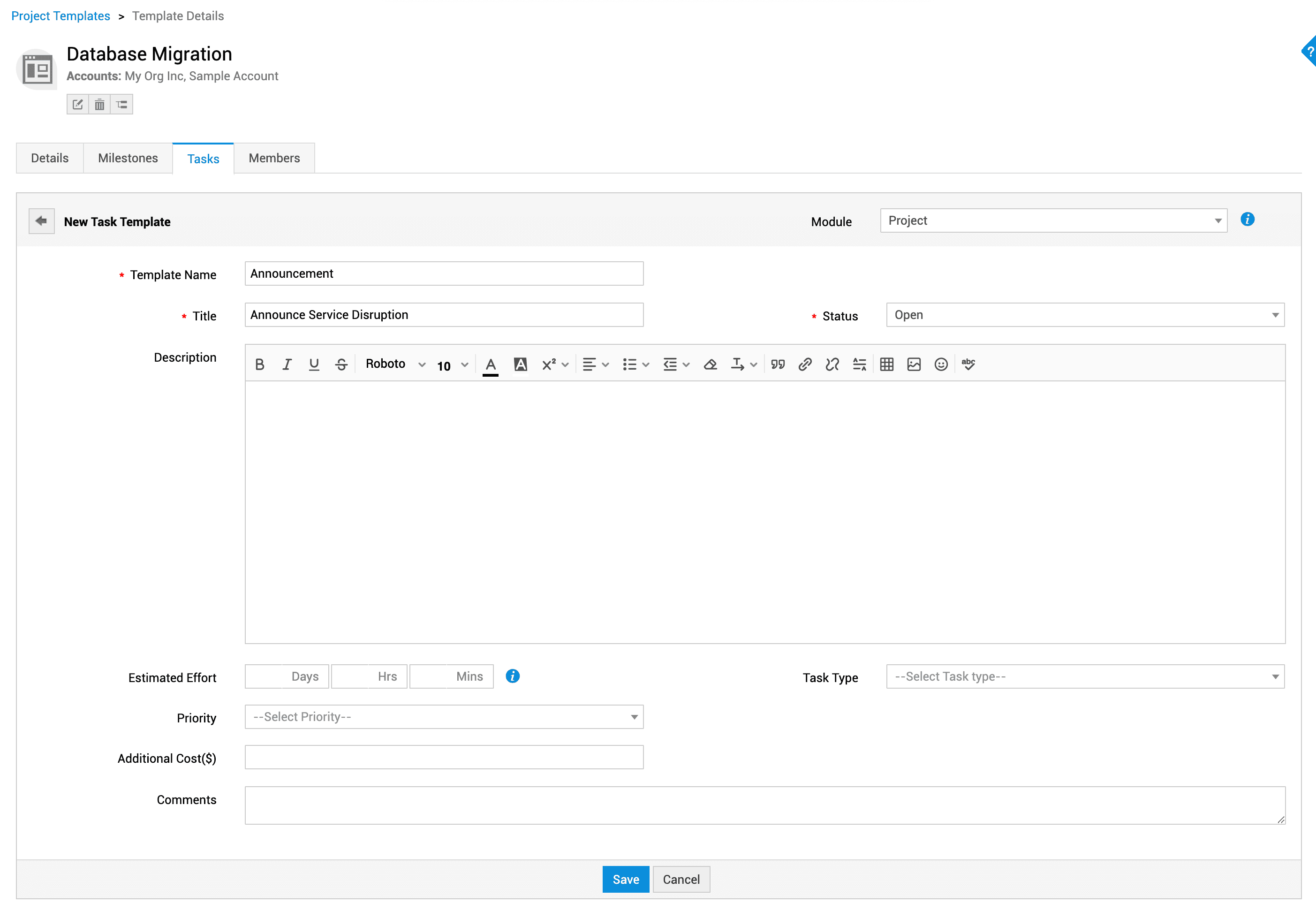 Project task template configuration