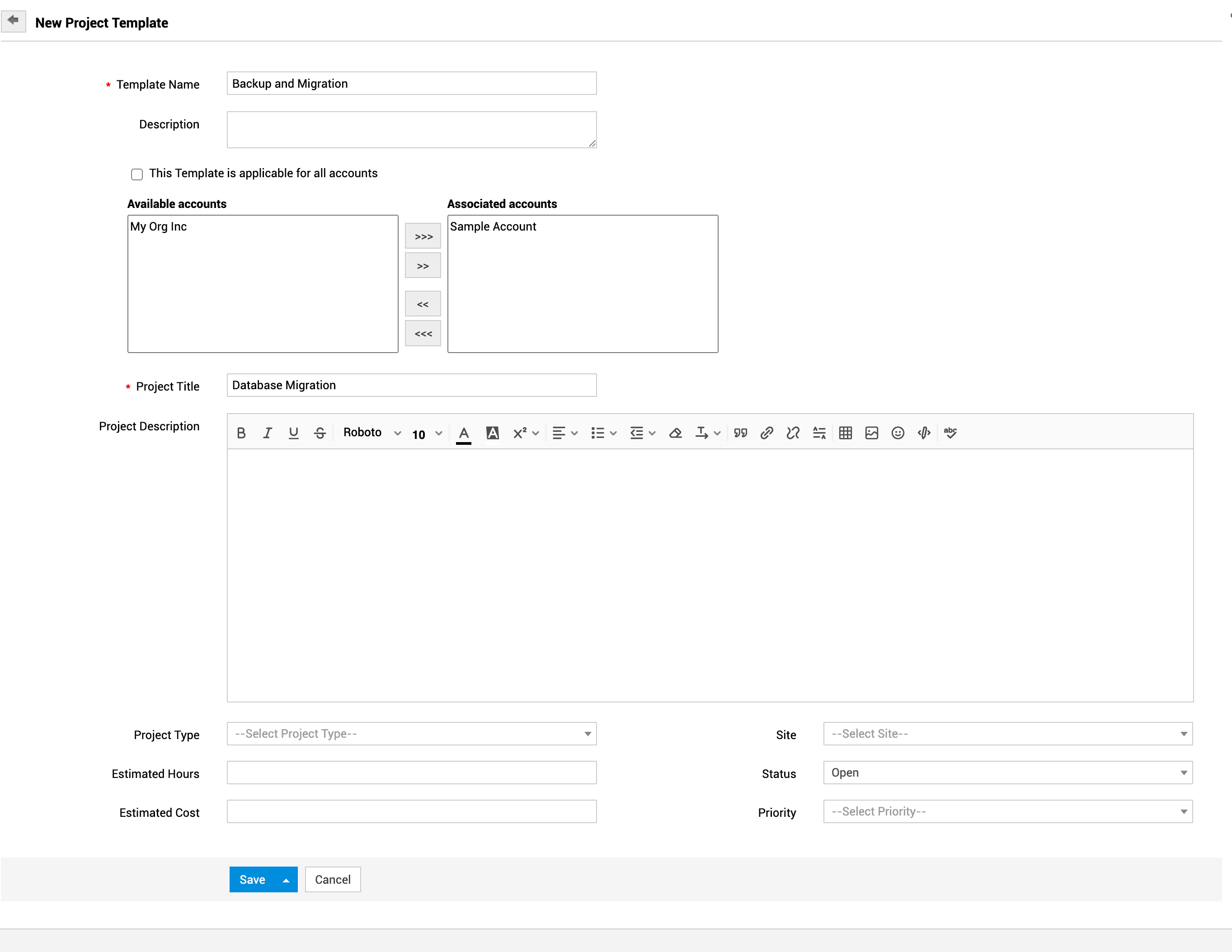 Project template creation