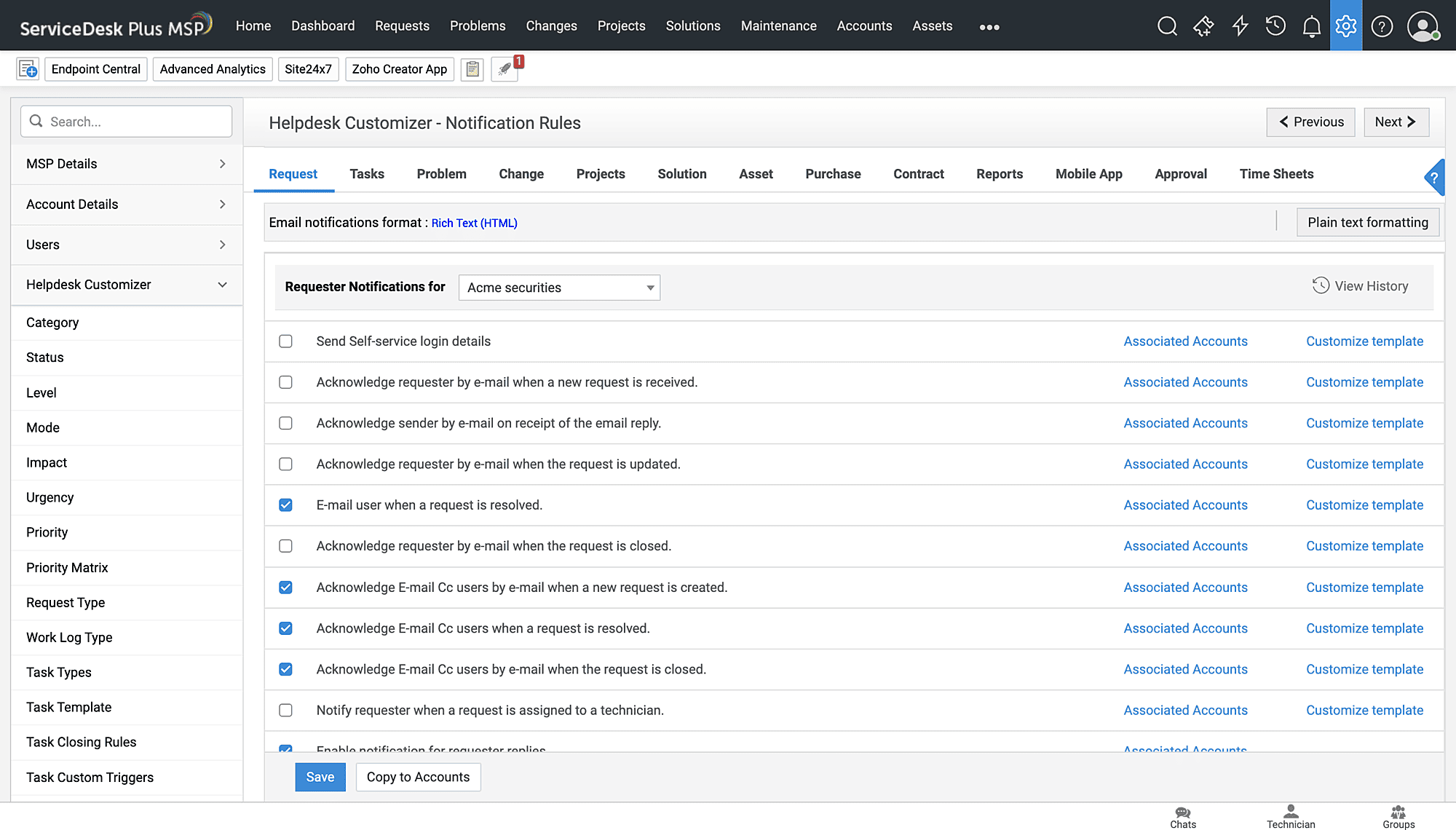 ServiceDesk Plus MSP PSA ticketing system with Notification Rules for automated, customizable stakeholder communication