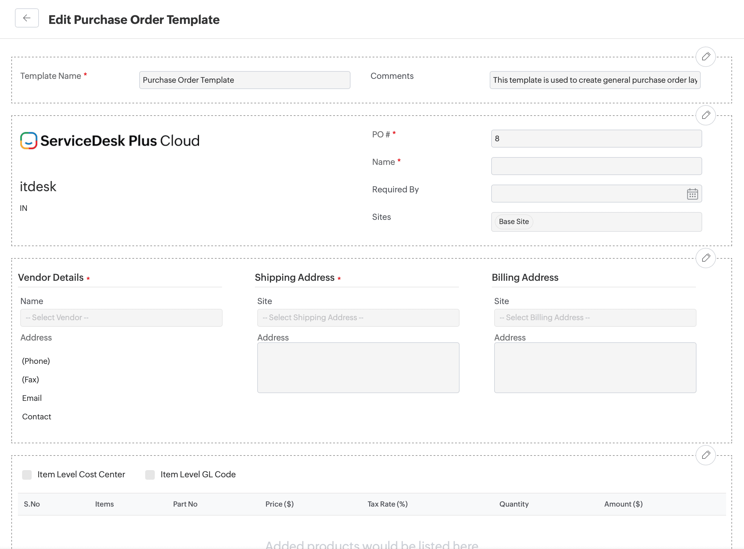 Purchase order template configuration