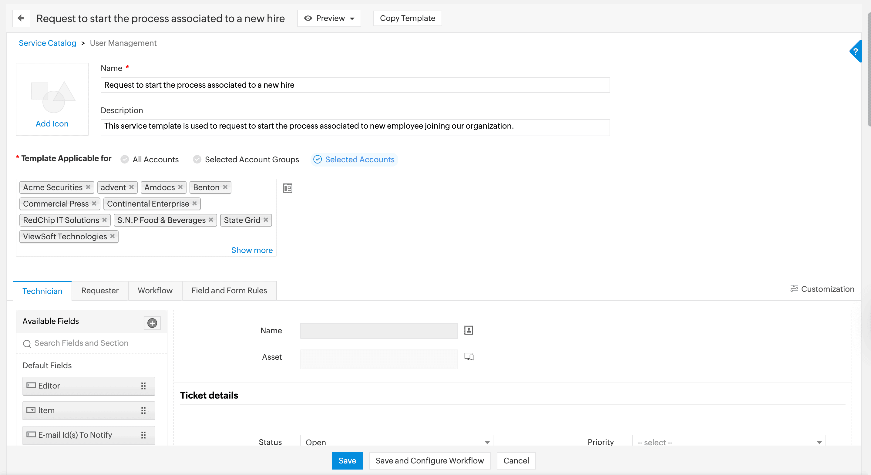 Service request template configuration