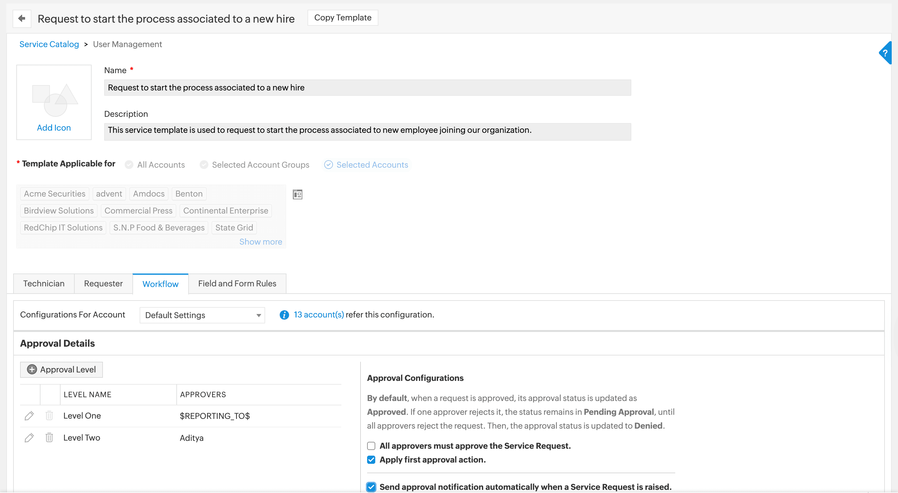 Service request workflow setup