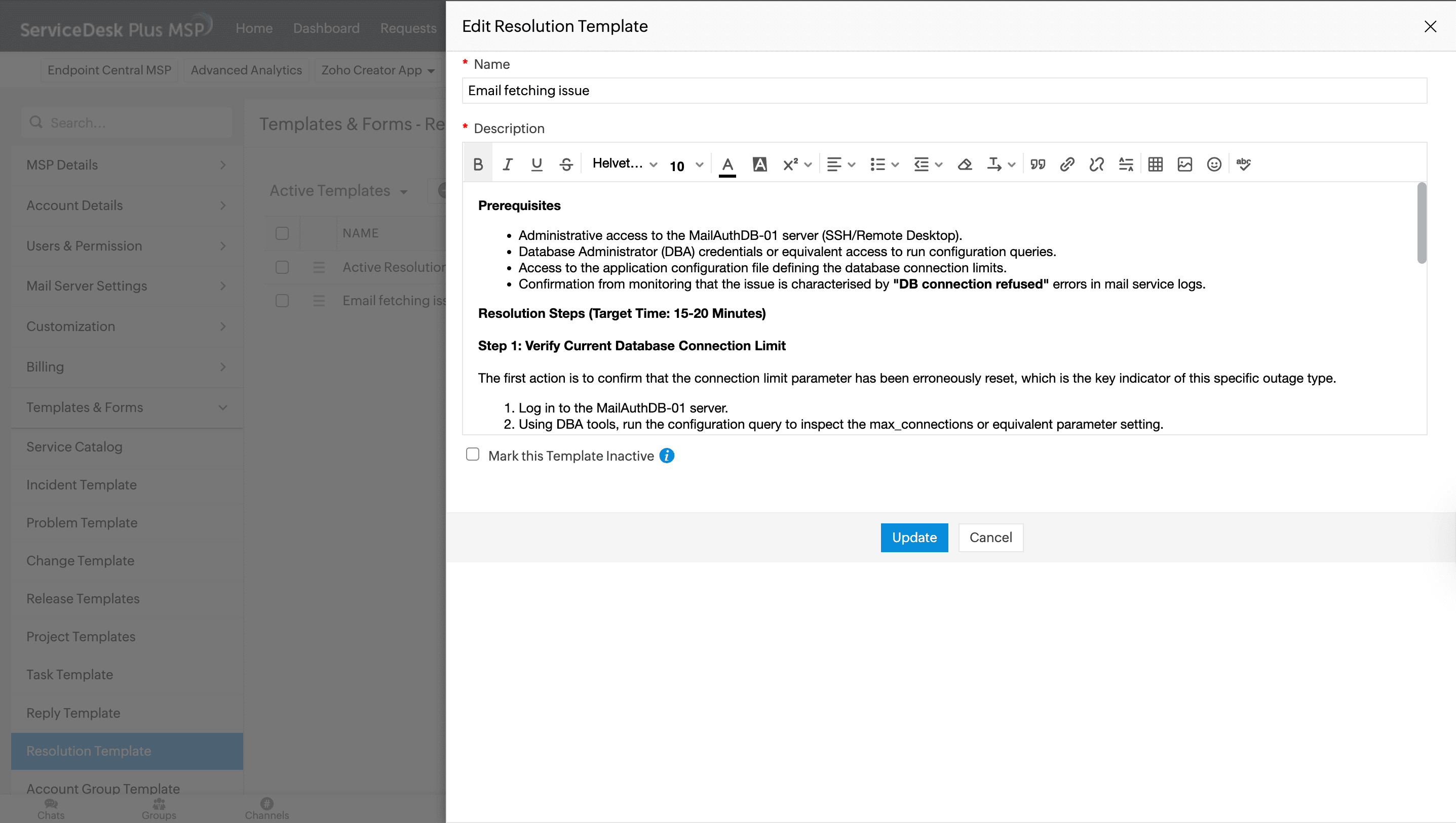 Resolution template configuration