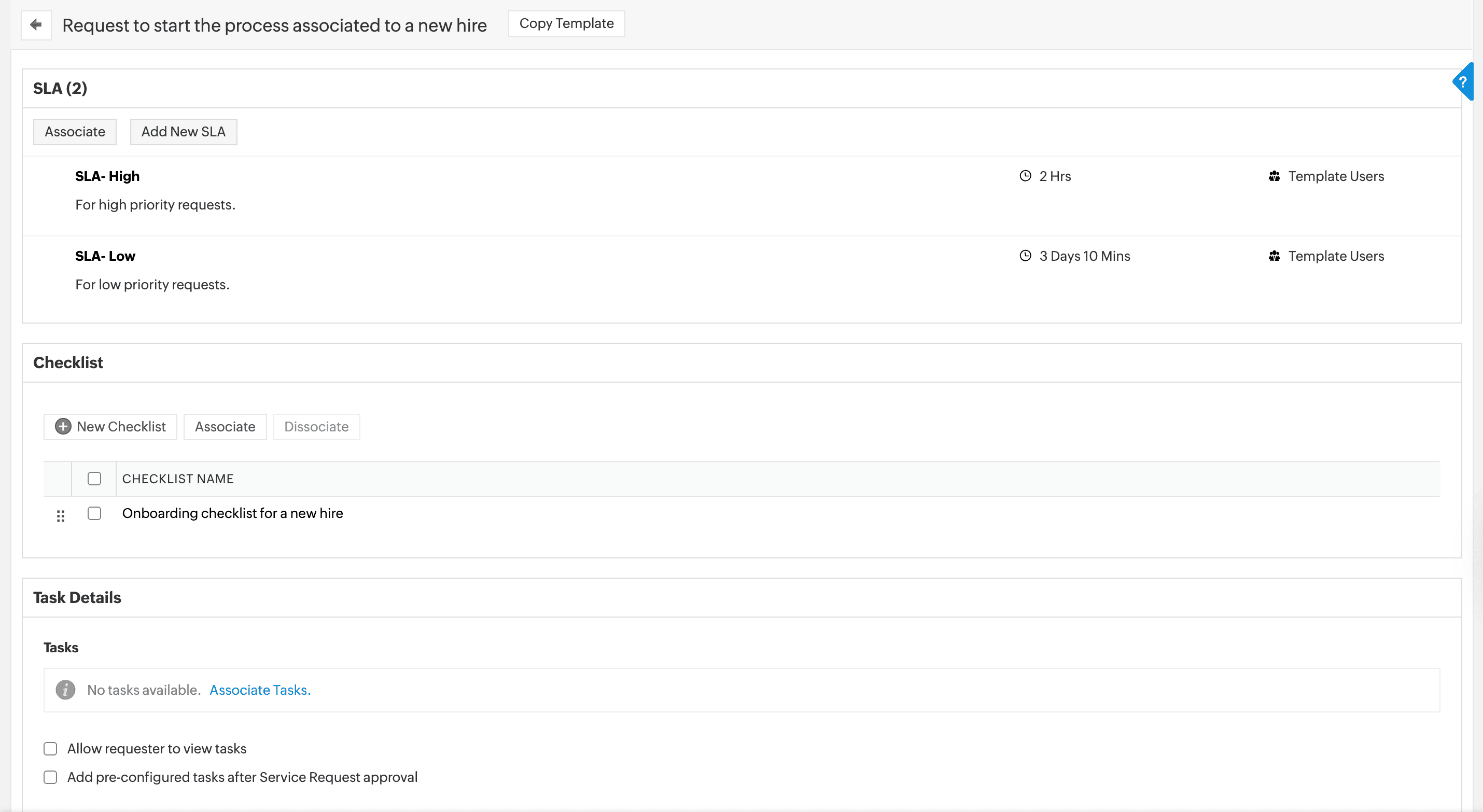 Service request SLA and checklist