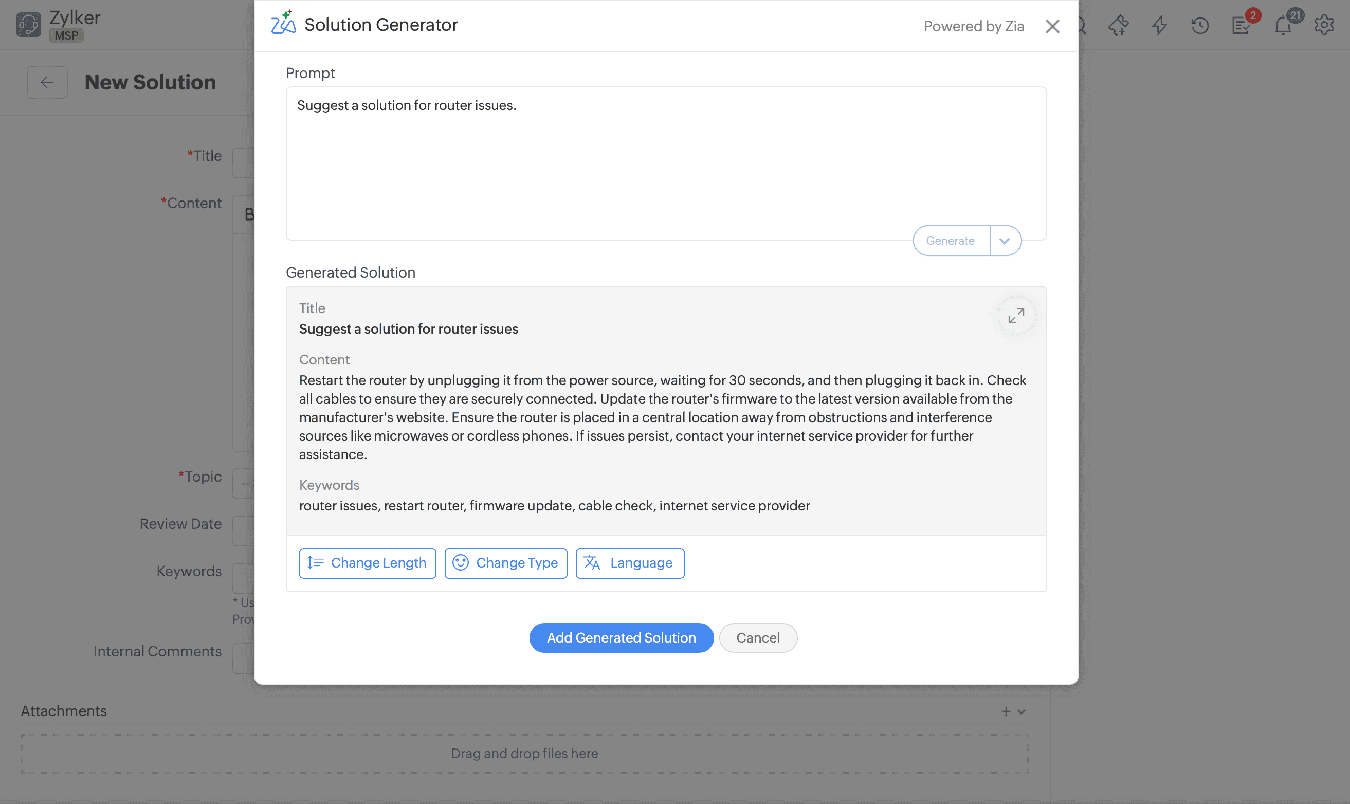 Generative AI solution generator for IT issues