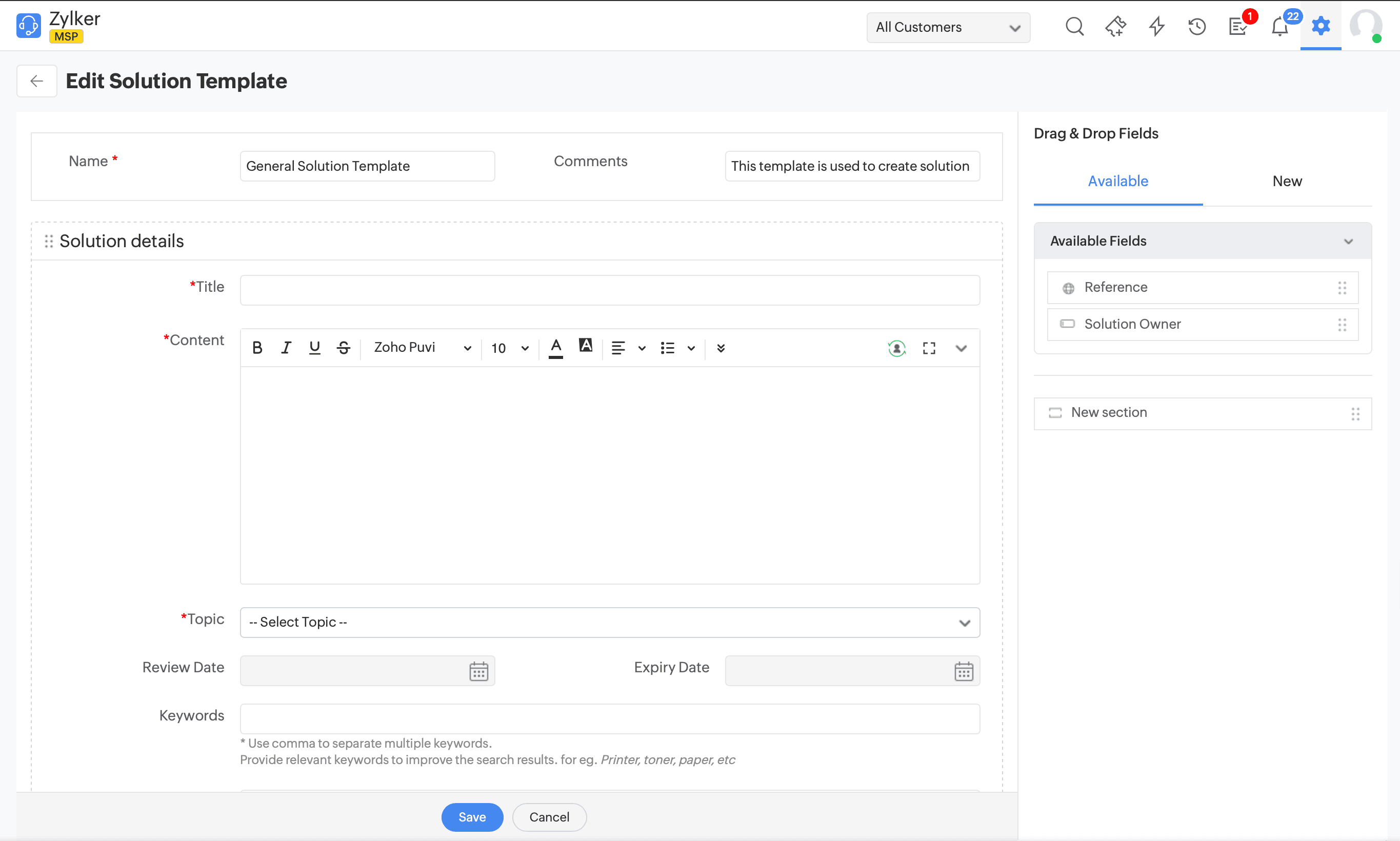 Solution template configuration