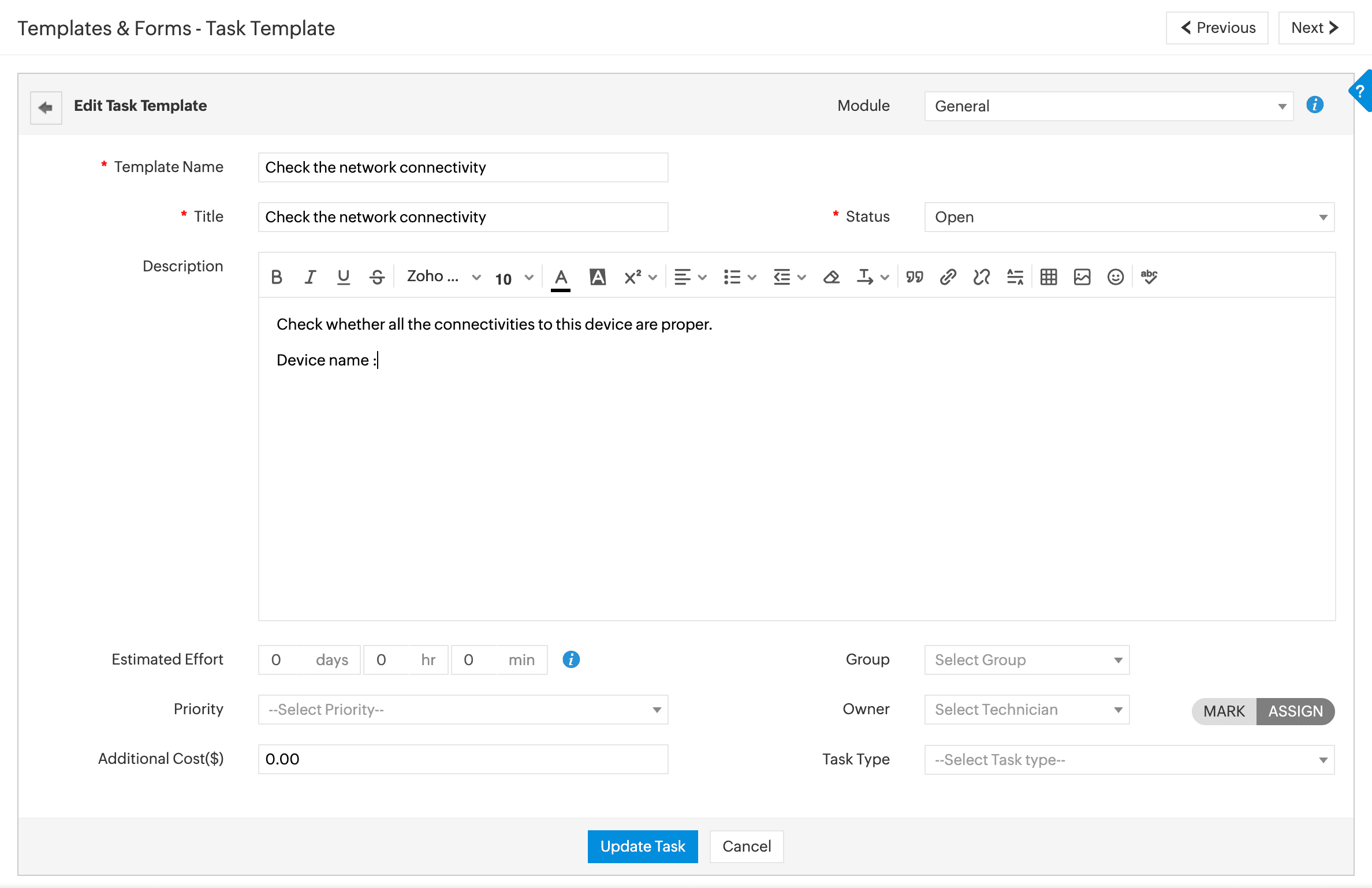Task template configuration