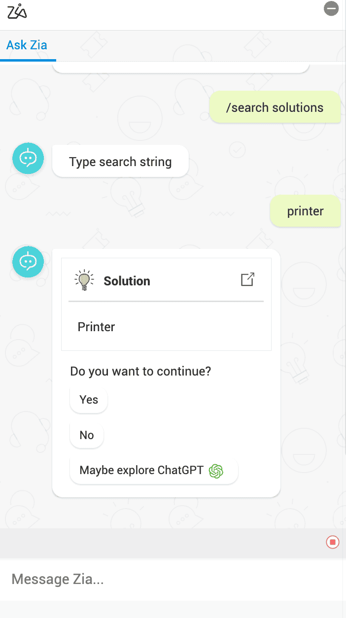 Zia Chatbot with context-aware solution suggestions with ChatGPT