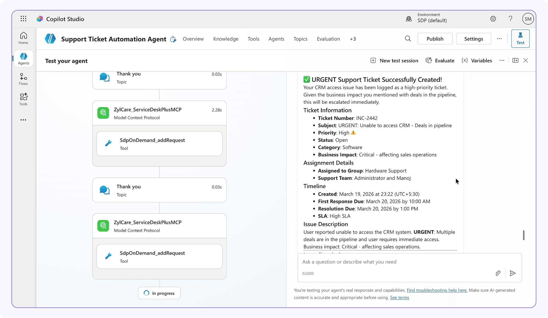 Autonomous AI agents monitoring Teams and creating ServiceDesk Plus tickets