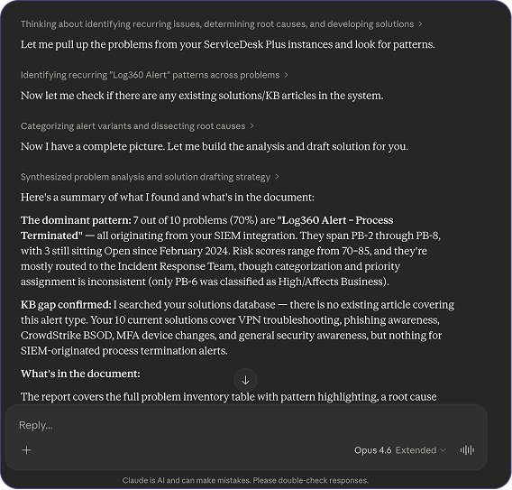 AI analyzing repeated ITSM problems, identifying root causes, and suggesting knowledge base updates