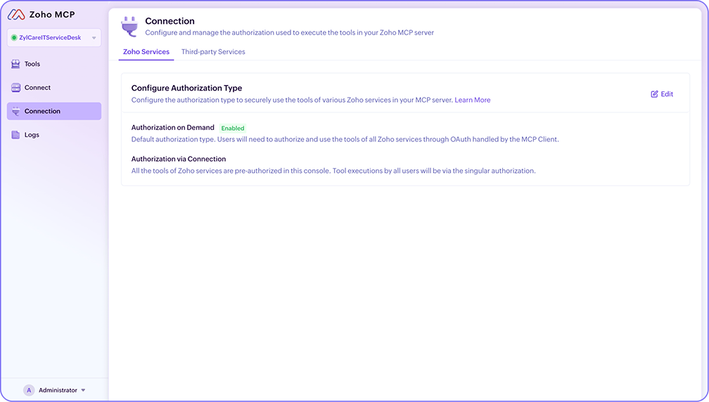 Configuring authorization methods for MCP actions in ServiceDesk Plus integration