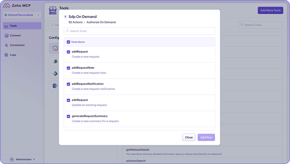Selecting ServiceDesk Plus actions like ticket creation, approvals, and notes for AI agents