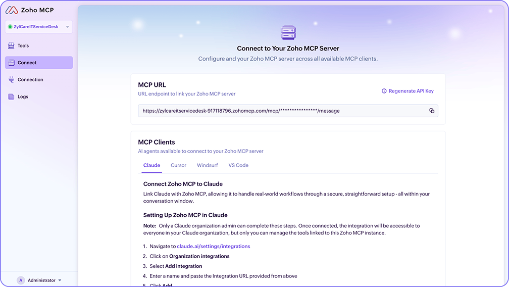Viewing MCP server endpoint URL to connect AI clients to ServiceDesk Plus