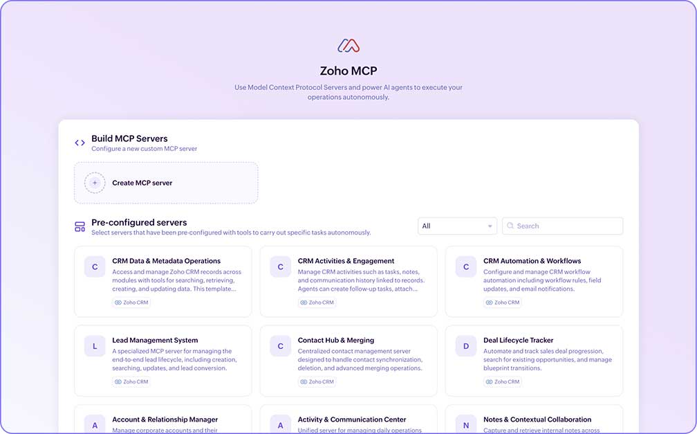 Zoho MCP console for creating MCP servers for ServiceDesk Plus and other apps