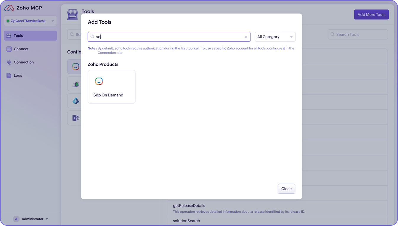 Selecting ServiceDesk Plus cloud connector in Zoho MCP tools list