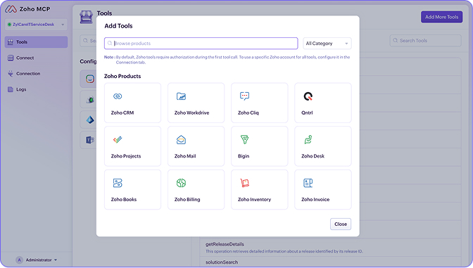 Selecting tools from Zoho MCP library including ServiceDesk Plus integration
