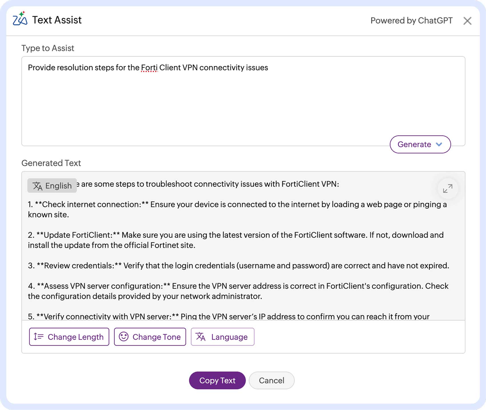 Zia Text Assist generating resolution steps