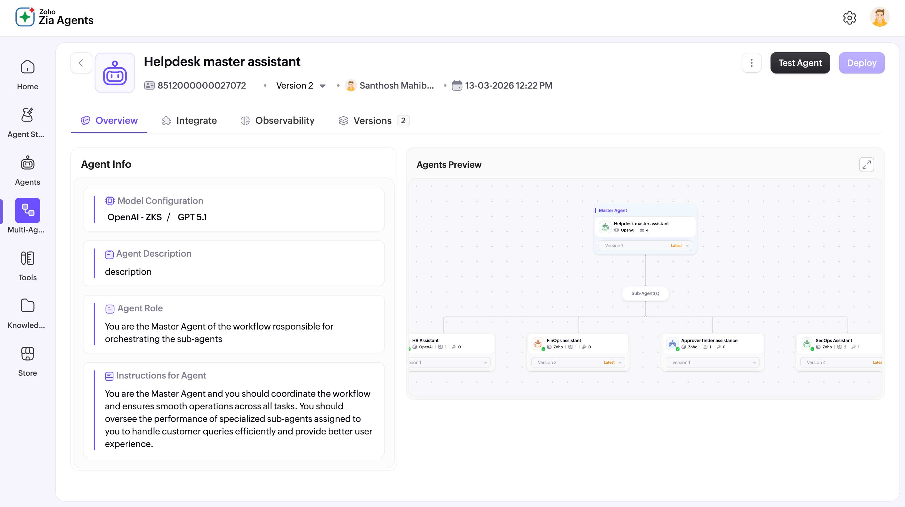 ServiceDesk Plus AI panel showing Zia predictive, generative, and conversational AI capabilities