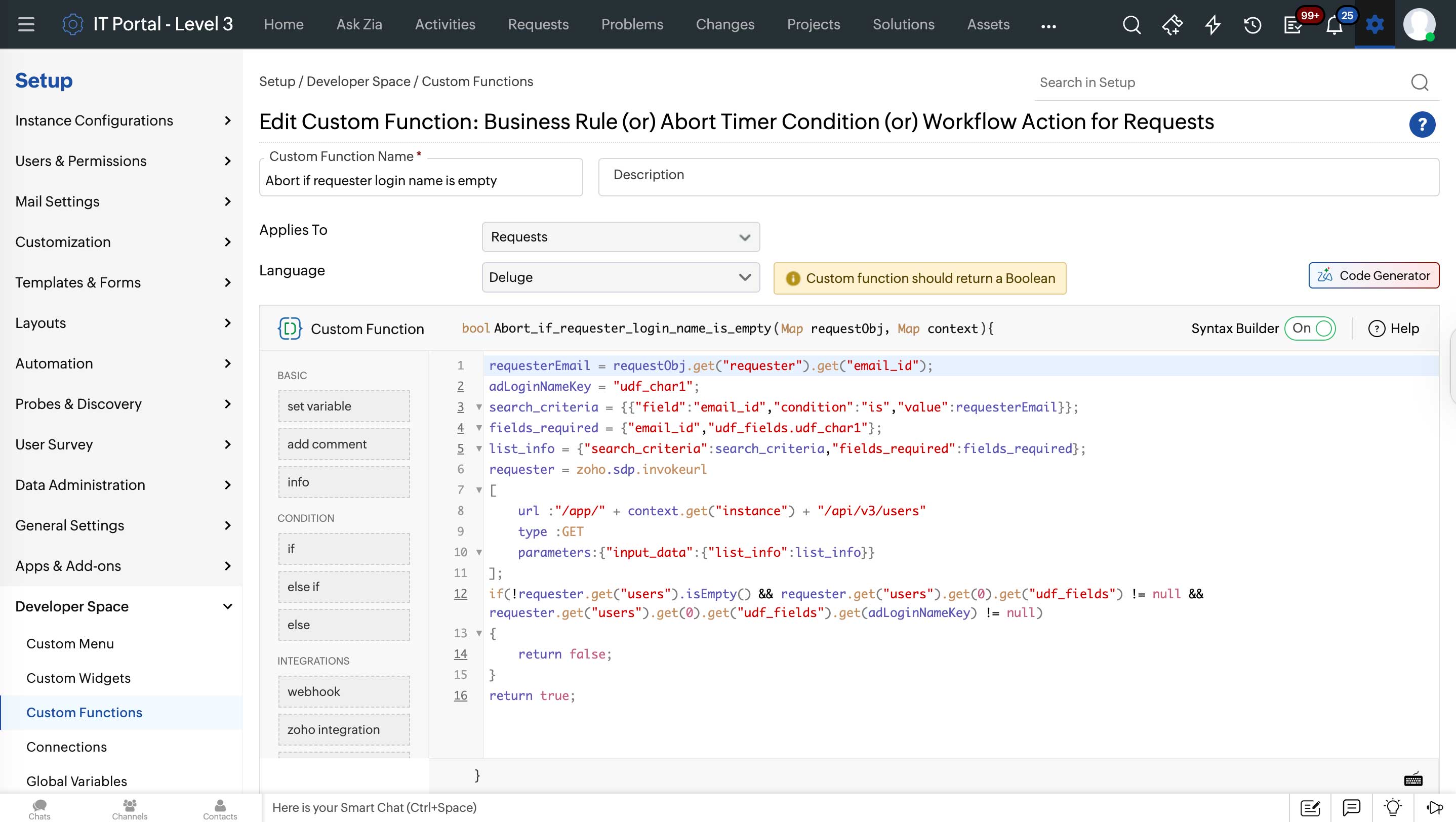 ServiceDesk Plus custom module builder with configurable fields and workflow options for ITSM teams