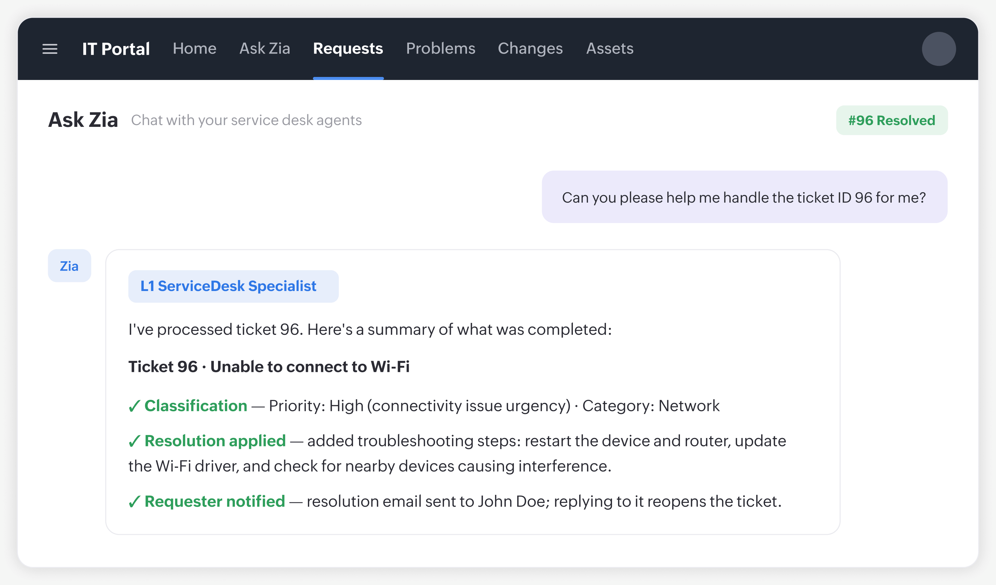 Deploy prebuilt Zia Agents Ask Zia agent store - L1 ServiceDesk Specialist handling a ticket