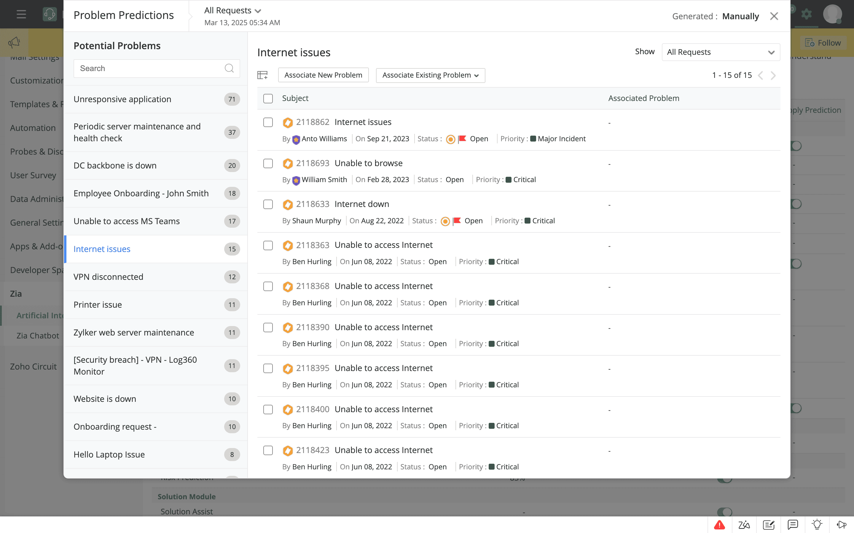 Zia AI problem predictions panel grouping similar ITSM incidents Problem Predictions panel showing AI-clustered ITSM incidents grouped by issue category with counts and related request records