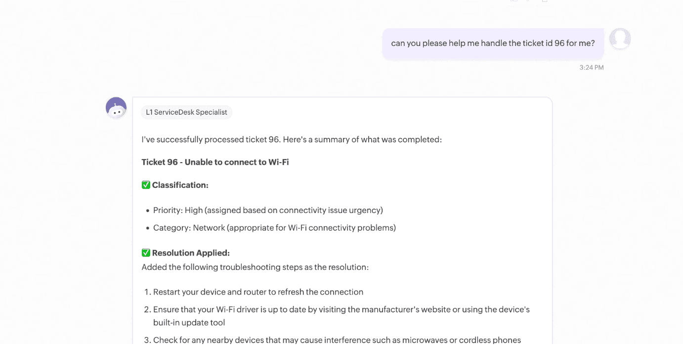 Invoke Zia Agents through Ask Zia Ask Zia interface invoking a Zia Agent with ticket work summary