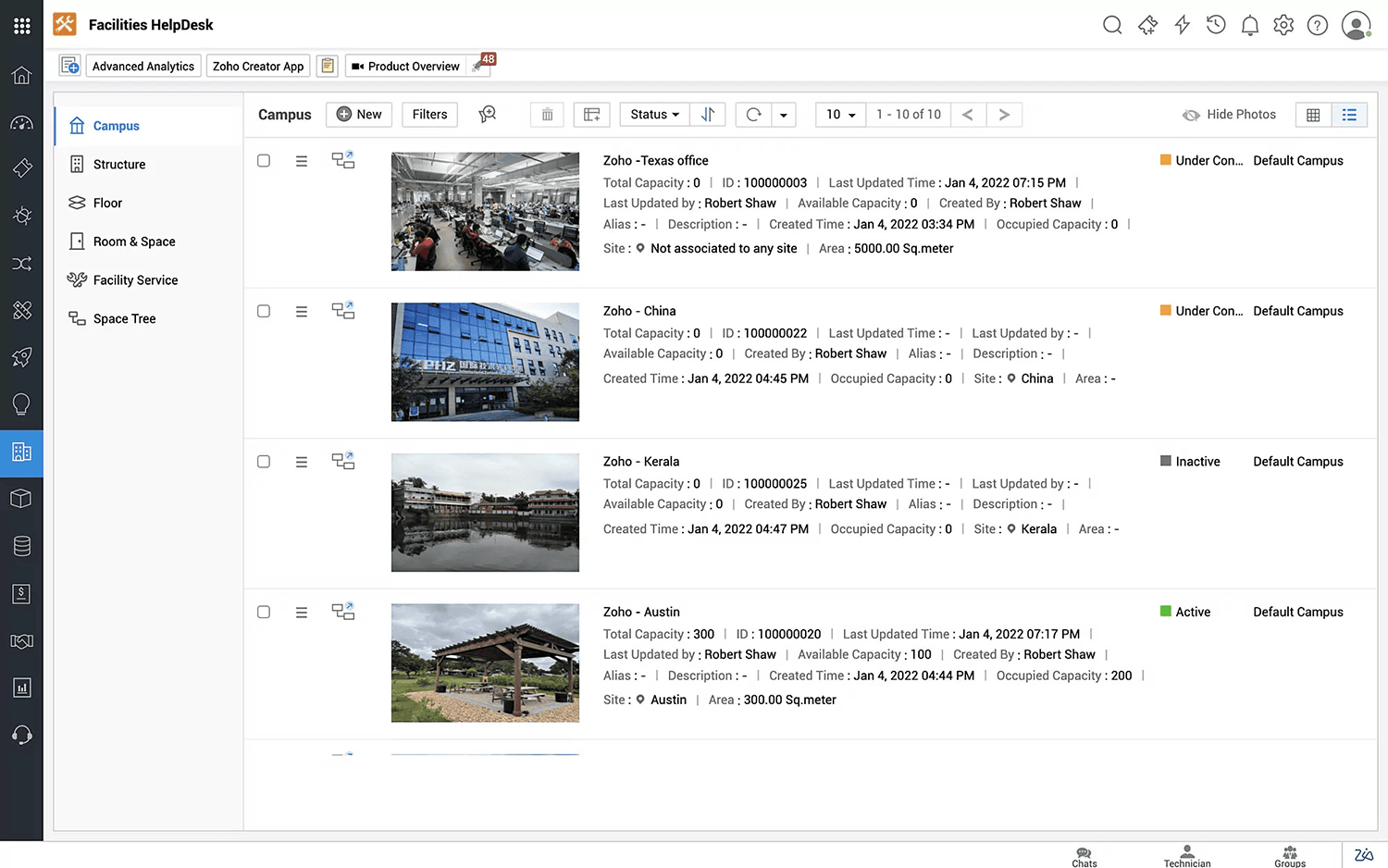 ServiceDesk Plus centralized facilities management dashboard listing all facilities with status and service metrics