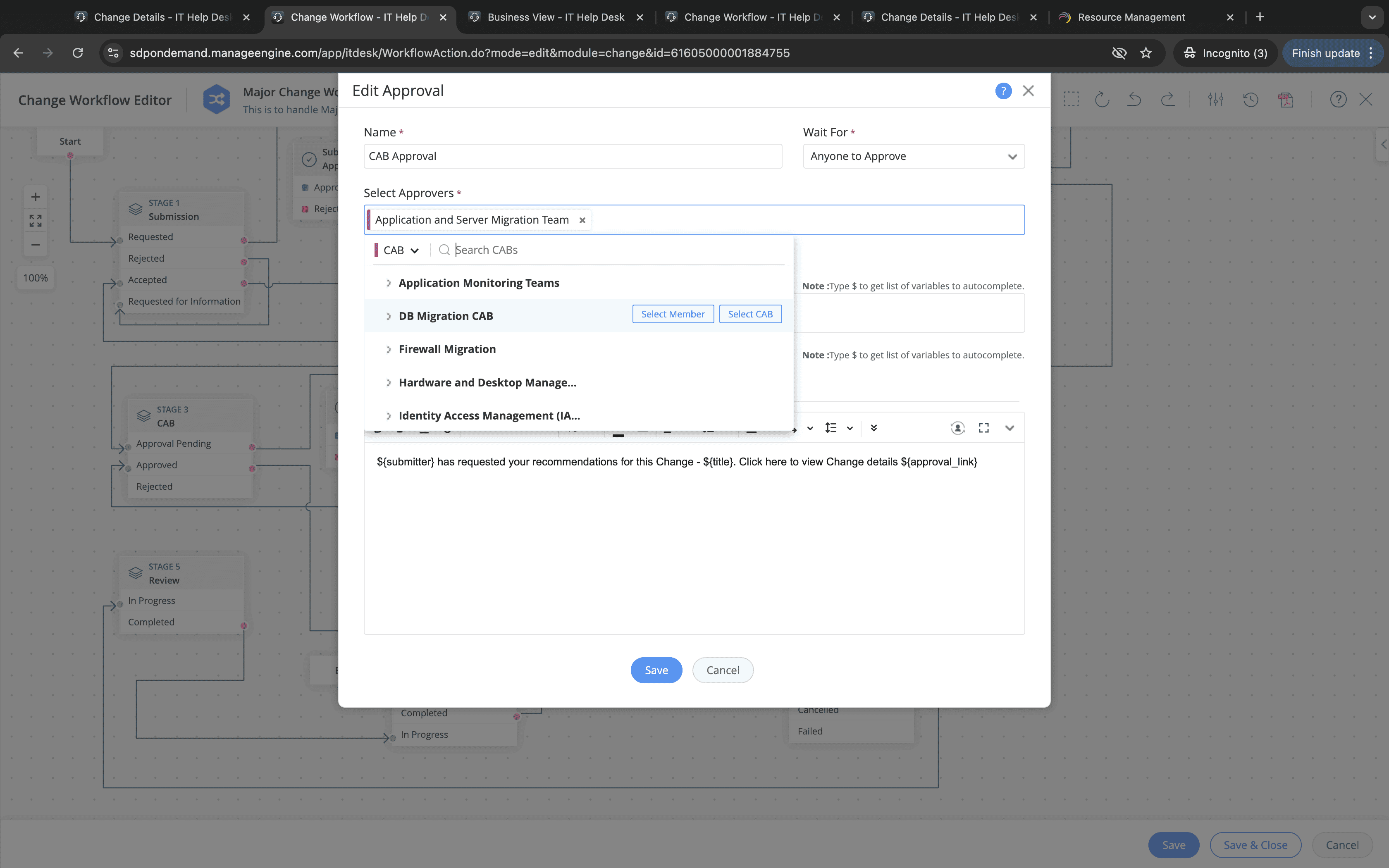 CAB configuration screen showing member list, roles, and approval workflow for change management