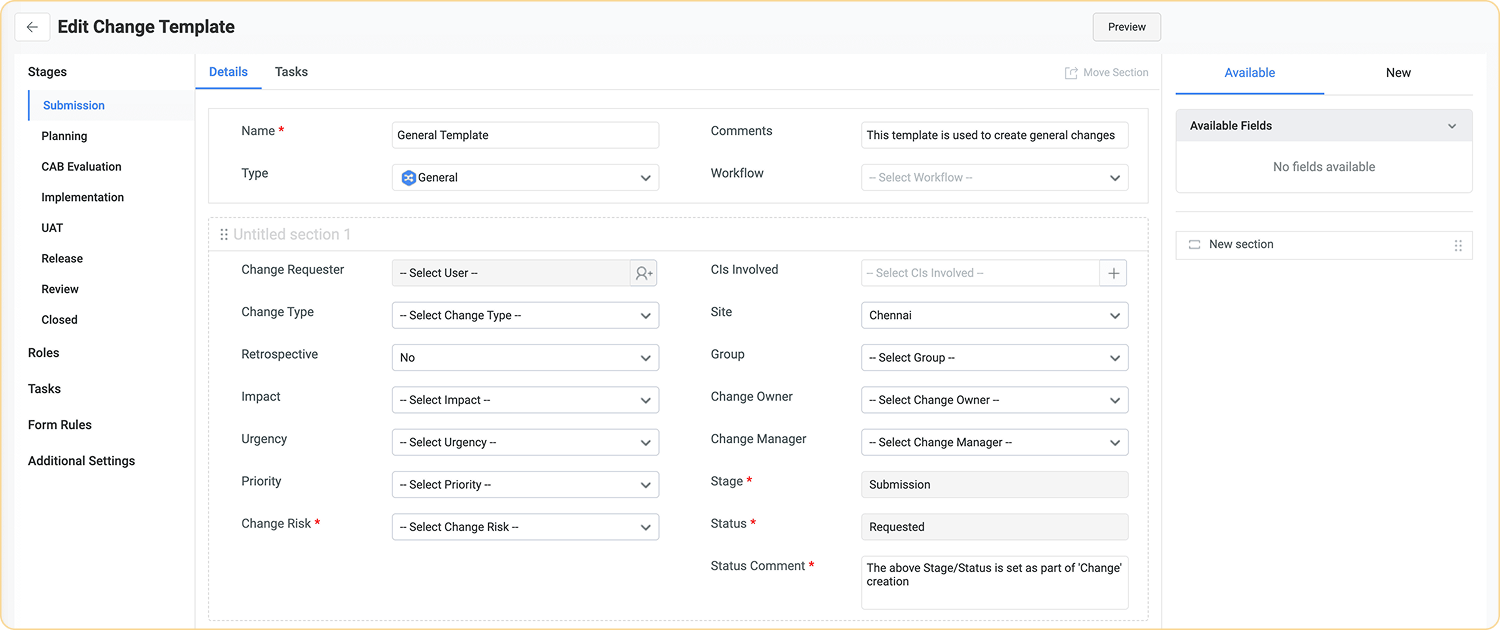 Dynamic IT change templates with drag-and-drop fields