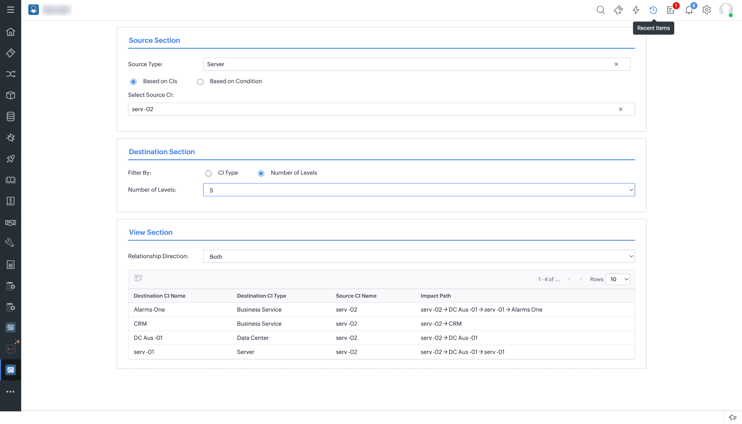 CI Impact Analysis in ServiceDesk Plus CMDB CI Impact Analysis screen showing source, destination CIs, and impact path table
