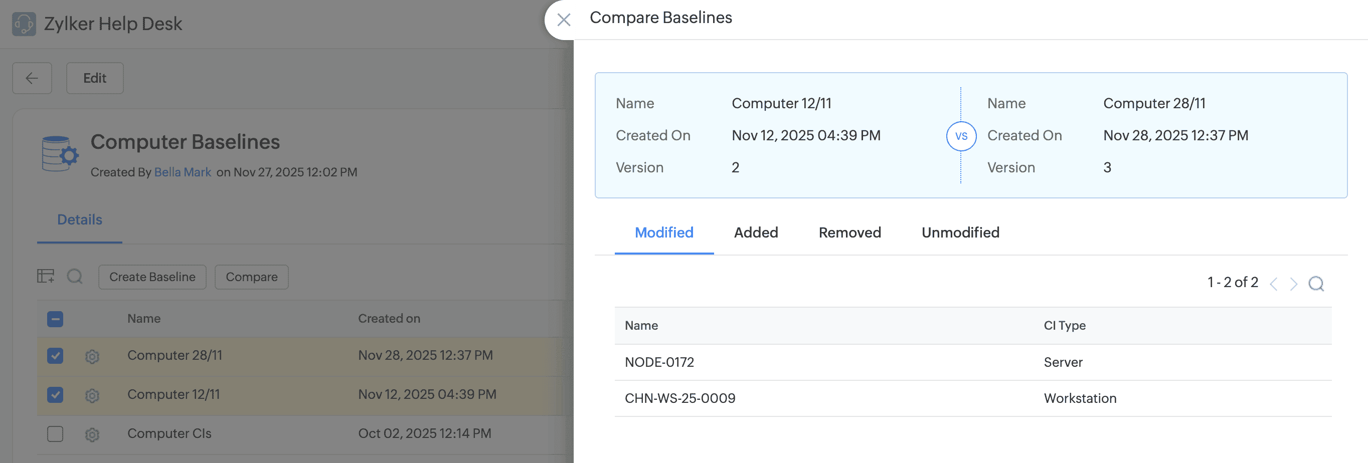 Comparing CMDB baselines in ServiceDesk Plus Compare Baselines panel showing modified, added, and removed configuration items