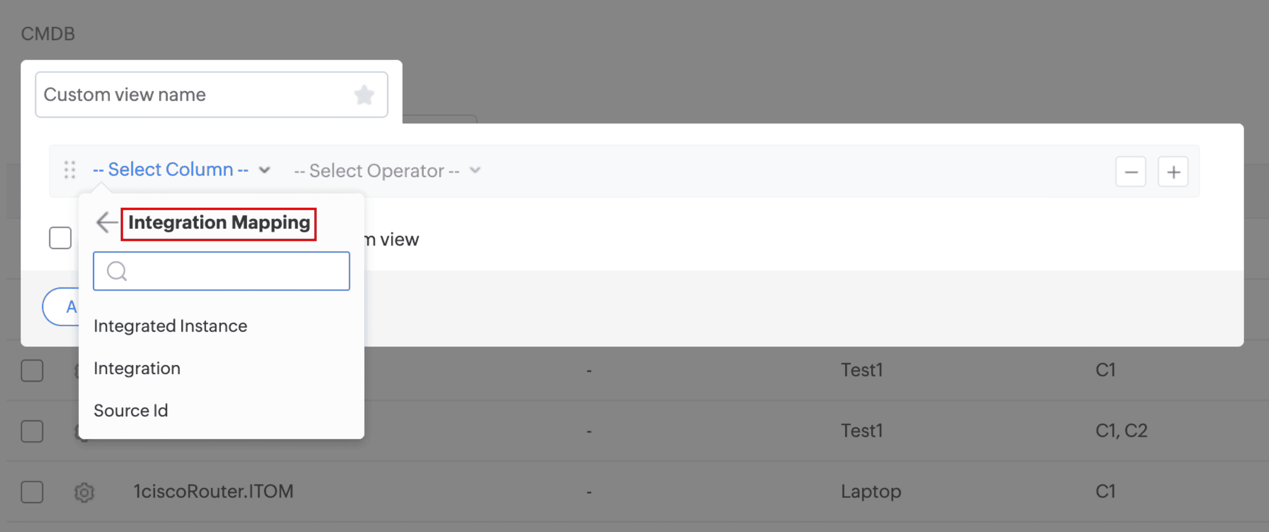 Filtering CIs by integration source in CMDB Custom CMDB list view with Integration Mapping filter options highlighted