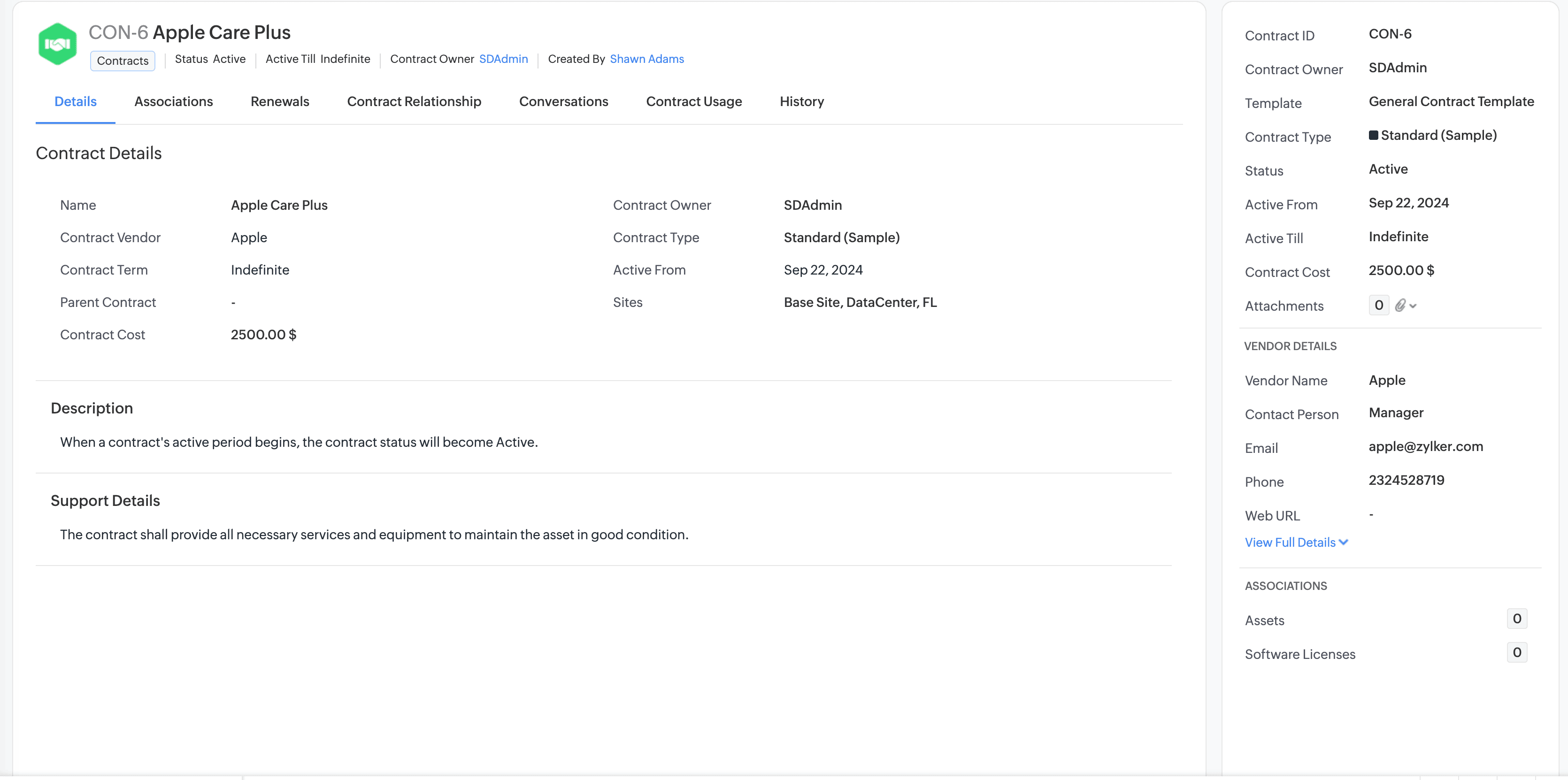 ServiceDesk Plus contract management view showing contract details, renewal deadline, and proactive alert notification