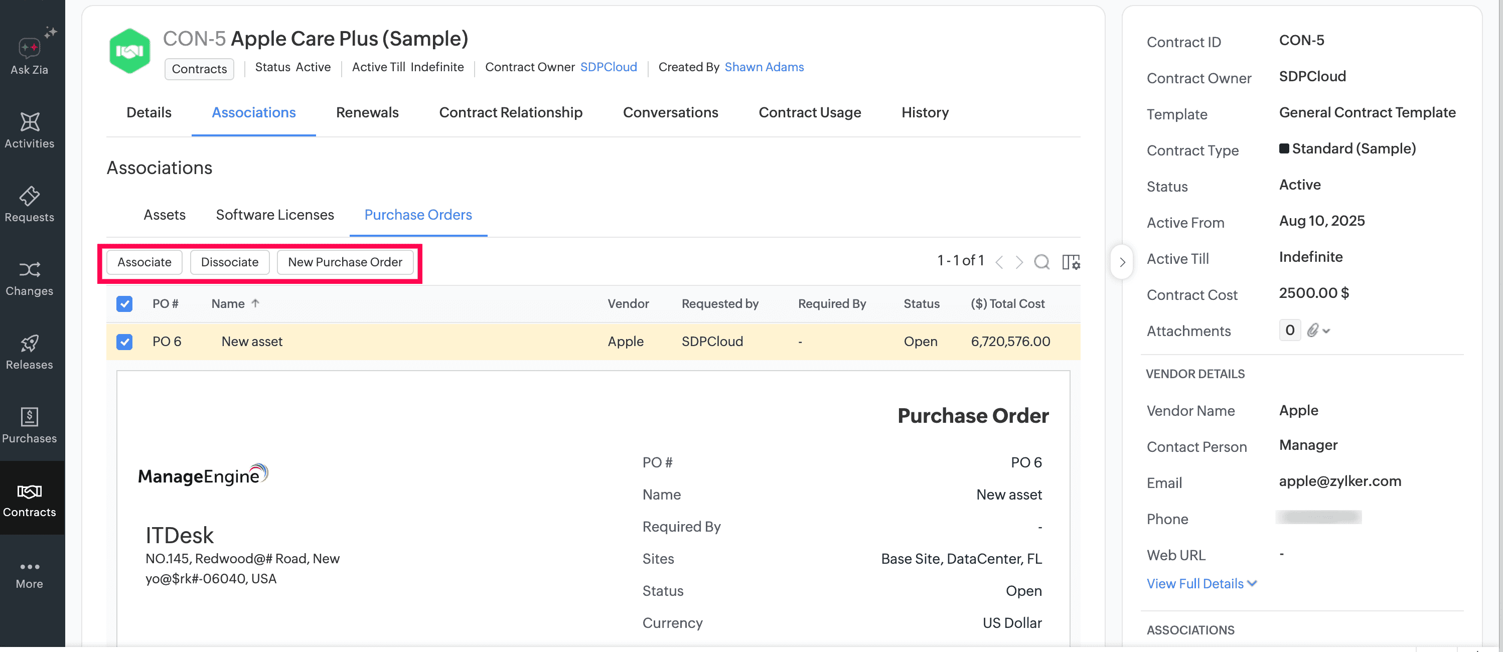 Contract and purchase order association with asset Contract associated with purchase orders and assets