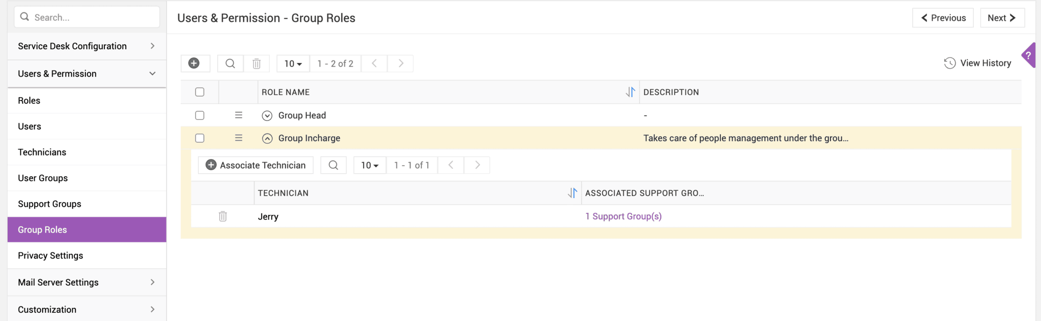 Group roles and team ownership in ServiceDesk Plus Group roles setup showing SLA escalation and backup technician assignment in ServiceDesk Plus