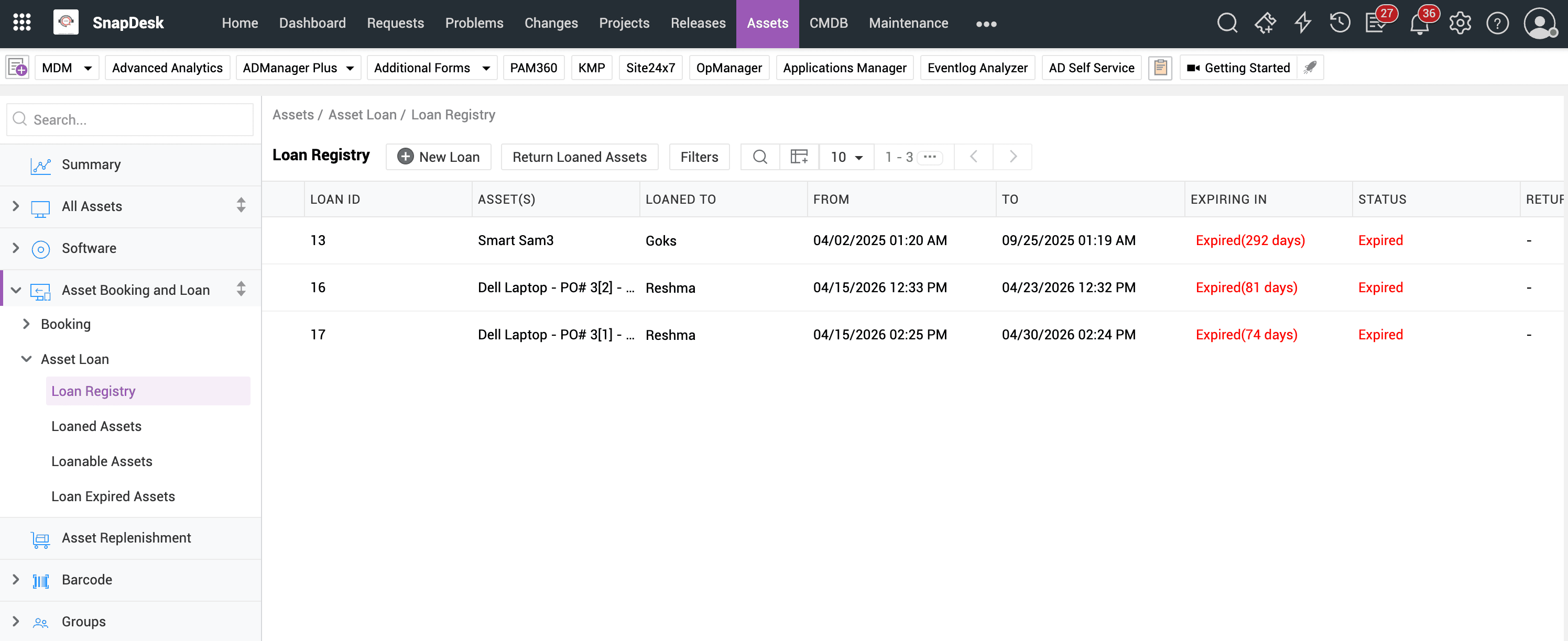 Loan Registry in ServiceDesk Plus Loan Registry for temporary asset tracking in ServiceDesk Plus