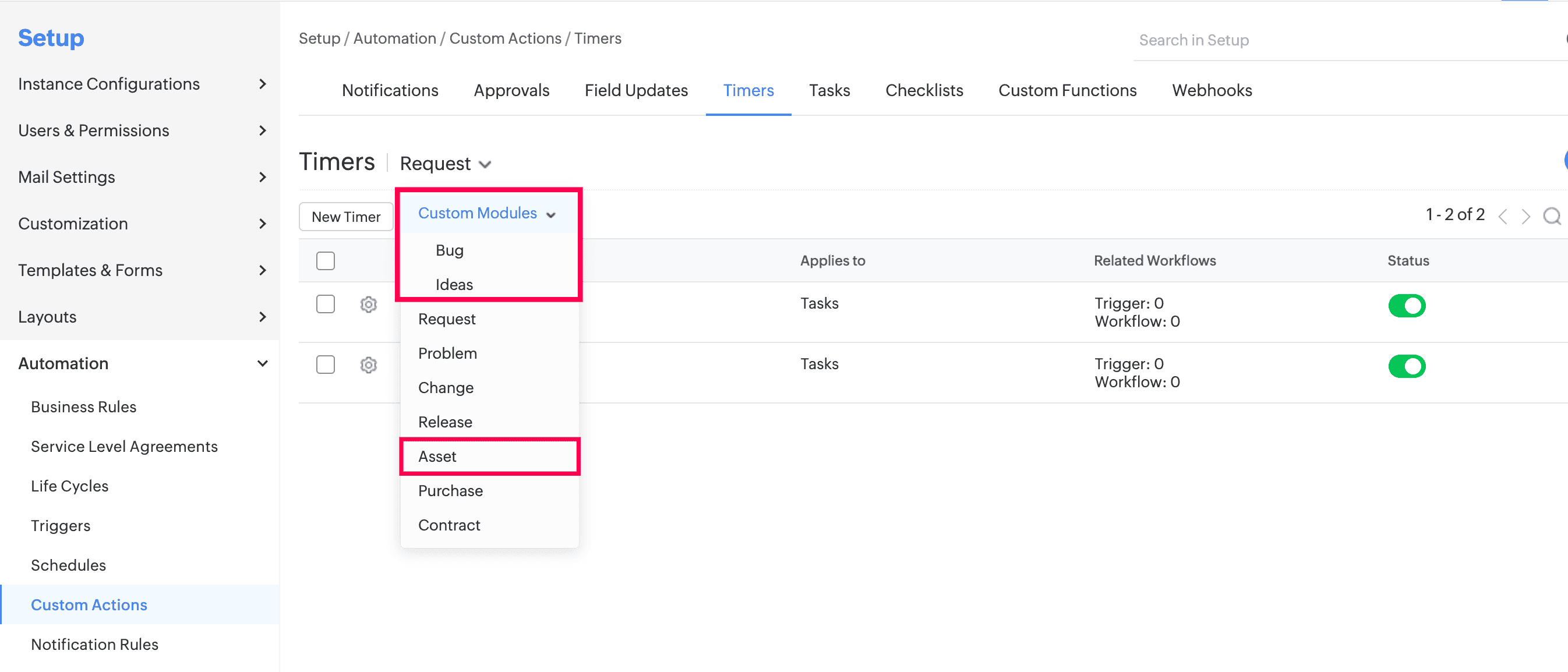 Timer Actions for assets and custom module automation Timer Actions configuration for assets and custom modules