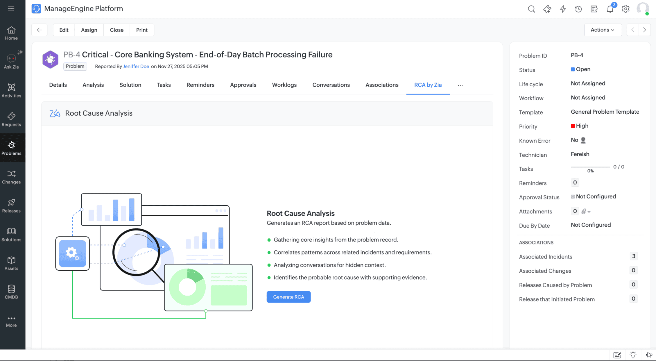 Zia GenAI-generated RCA report in ServiceDesk Plus listing root causes, contributing factors, and recommended actions