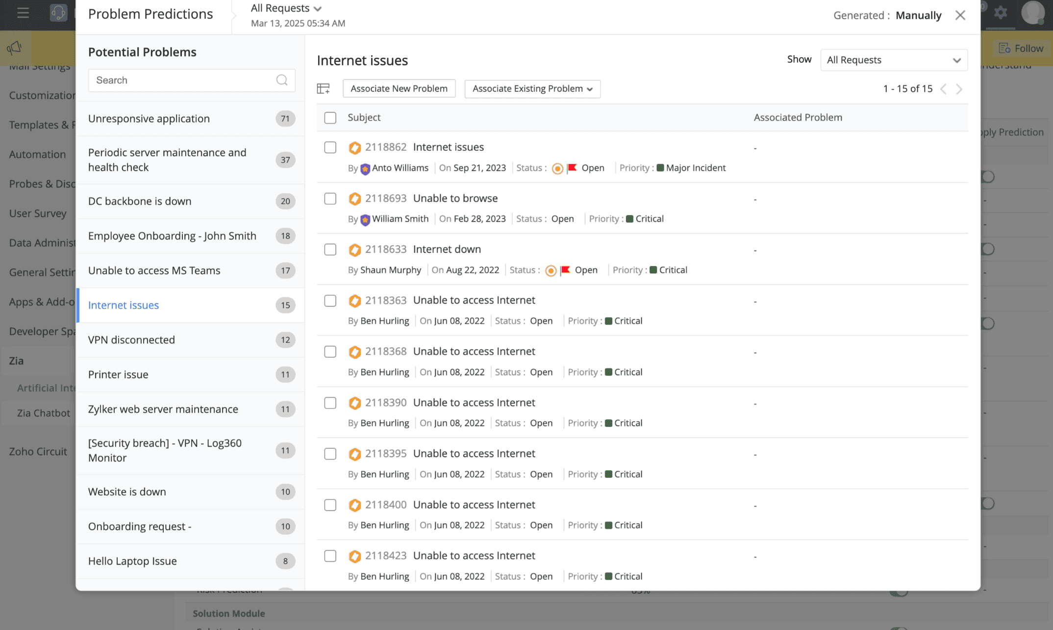 ServiceDesk Plus showing Zia AI clustering related incidents into a single problem record