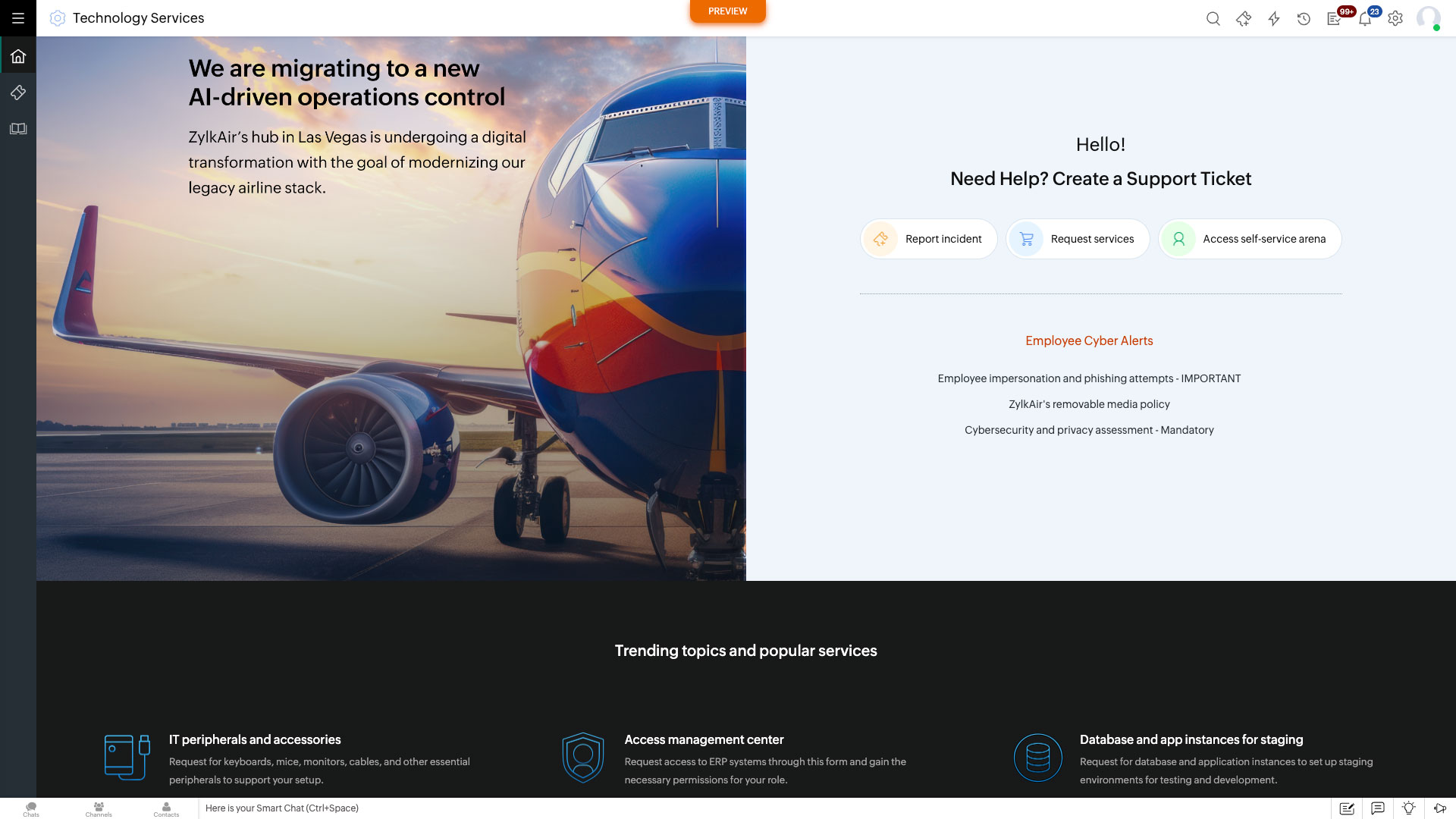 Enterprise service management across departments in ServiceDesk Plus ServiceDesk Plus ESM console with multiple department service desks unified in a single portal view