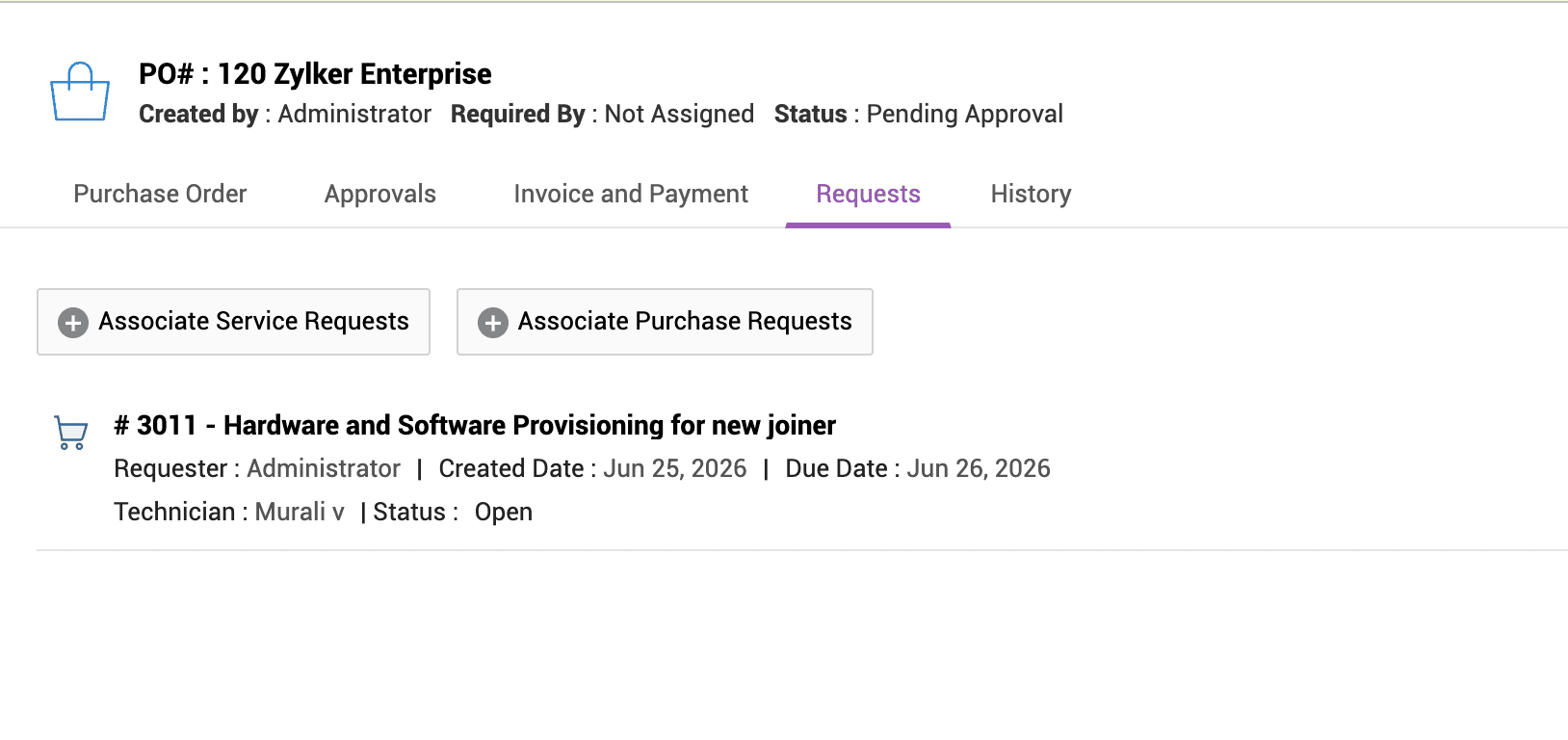 Linking a purchase order to a service request Purchase order linked to a service request ticket