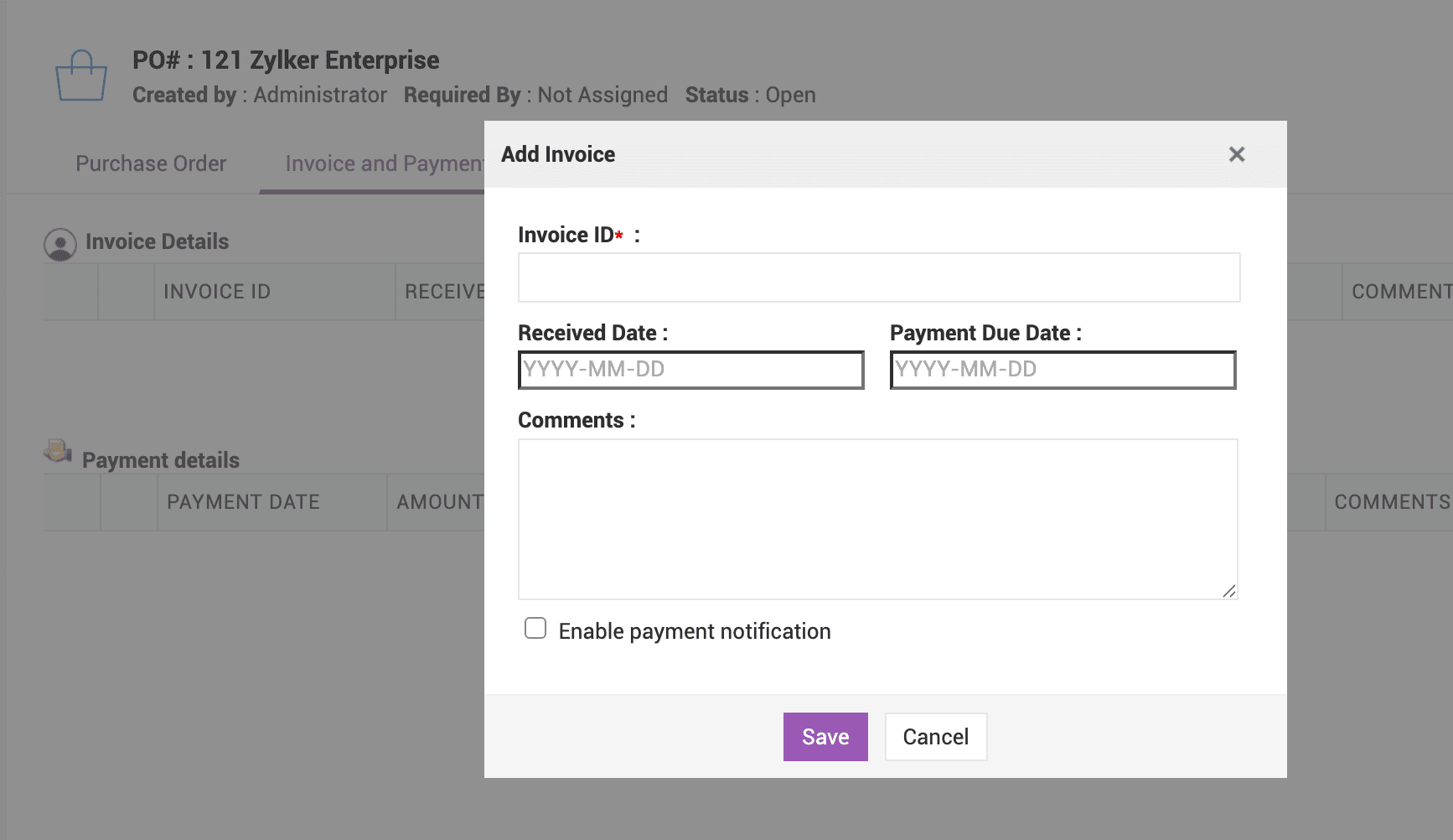 Adding invoice to a purchase order in ServiceDesk Plus on-premises Add Invoice dialog in ServiceDesk Plus on-premises
