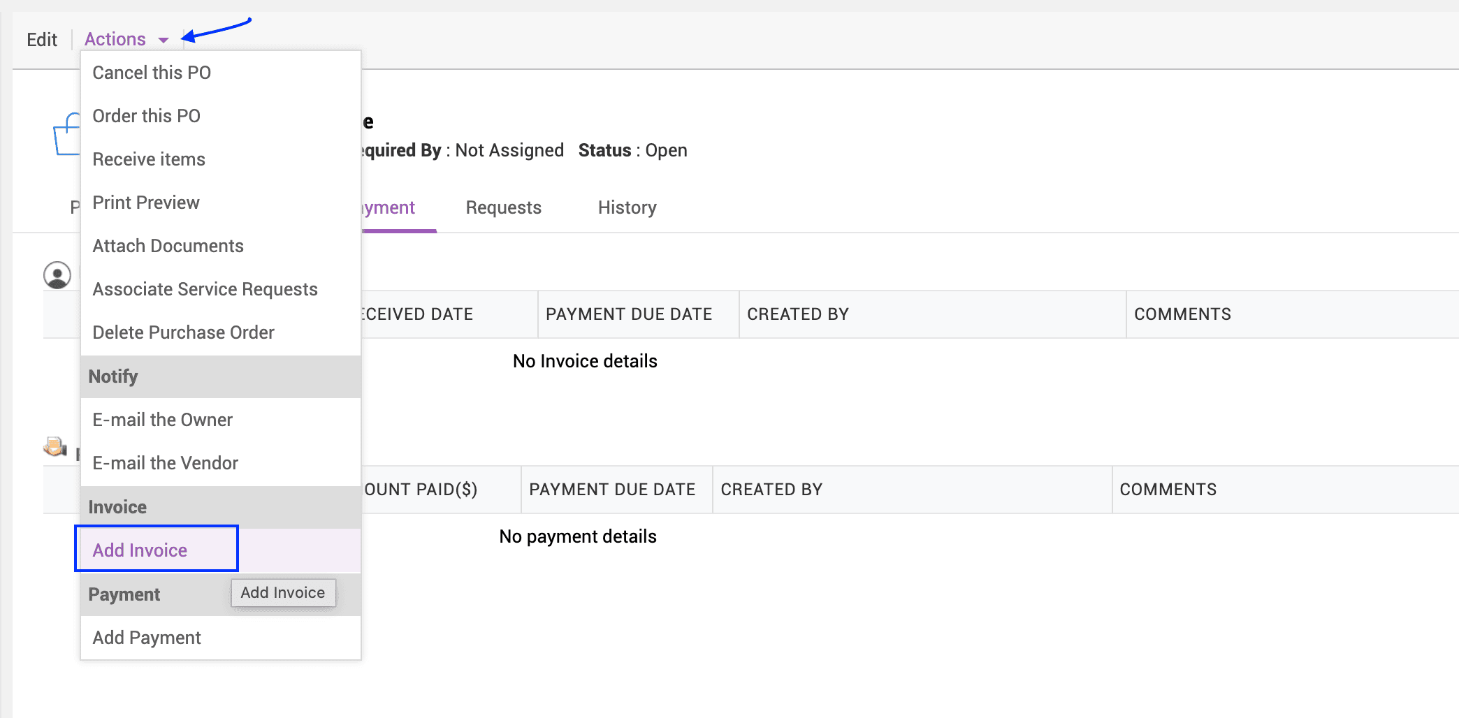 Recording invoice details within a purchase order Invoice details recorded within a purchase order in ServiceDesk Plus