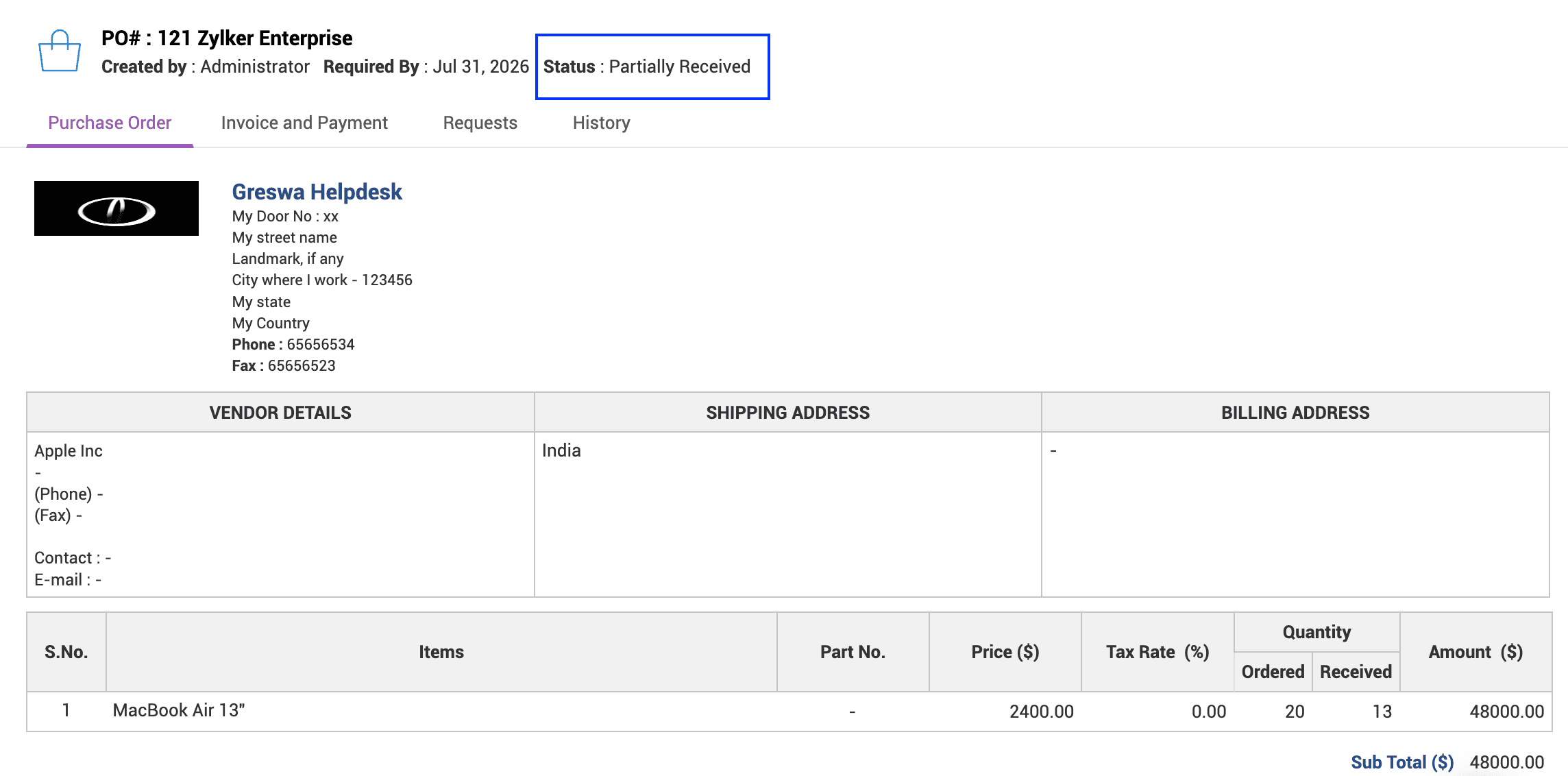 Purchase order partially received status Purchase order showing Partially Received status in ServiceDesk Plus