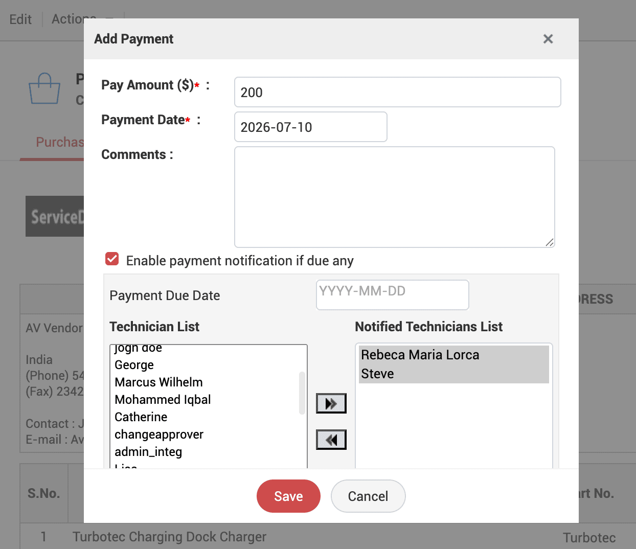 Purchase order payment details and reminder Payment details and reminder notification set within a purchase order